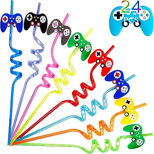 Paquete de 24 popotes de plástico reutilizables, regalos de fiesta de videojuegos, regalos para niños, suministros de fiesta de cumpleaños para