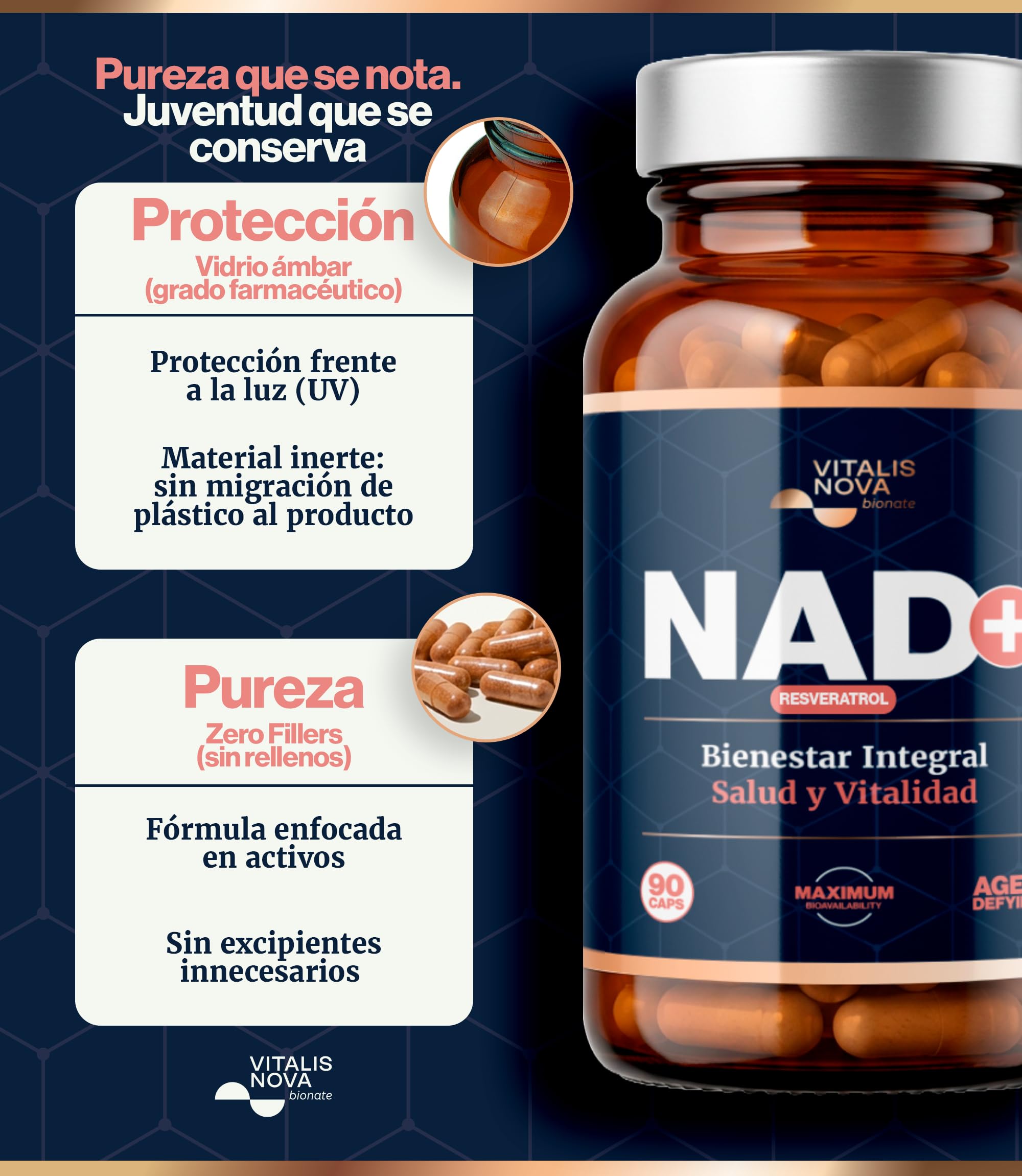 NAD+ Trans Resveratrol Alta Pureza con Nicotinamide Riboside 500mg Quercetina 250mg Apigenina 150mg Ácido Alfa Lipoico 150mg 90 Capsulas Energía Celular Longevidad Antioxidante Piel Anti Age Vitalidad