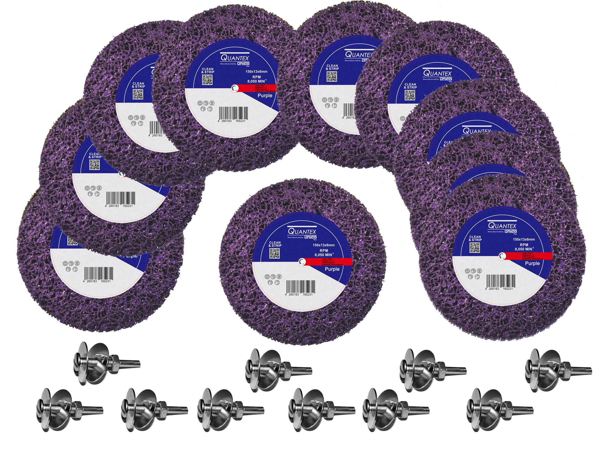 10 Stück Reinigungsscheibe CSD Ø 150mm Purple mit Einspannschaft/Spanndorn Schaft für Bohrmaschinenfutter oder flexible Welle. Grobreinigungsscheibe CBS Clean Strip Disc Premium Nylongewebescheibe