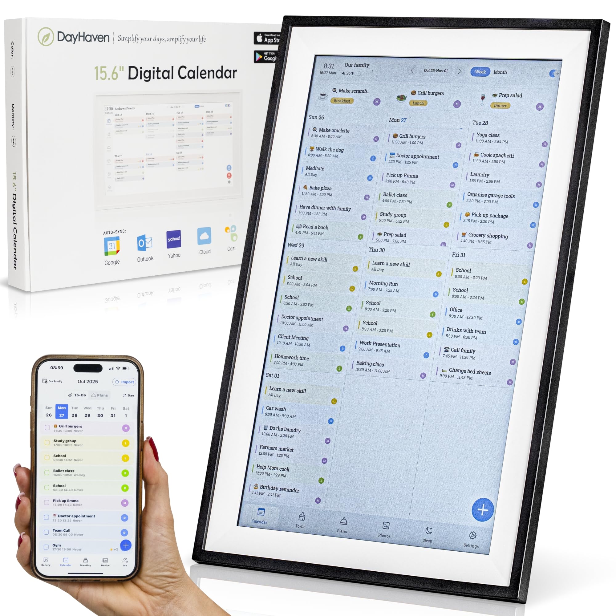 Kalender: 15,6 Zoll Smart Family Organizer & Digitaler Wandplaner mit Touchscreen, Aufgabendiagramm und Mahlzeitenplanung – Wandhalterung oder Arbeitsplatte, Command Center, Weiß 2025 Edition
