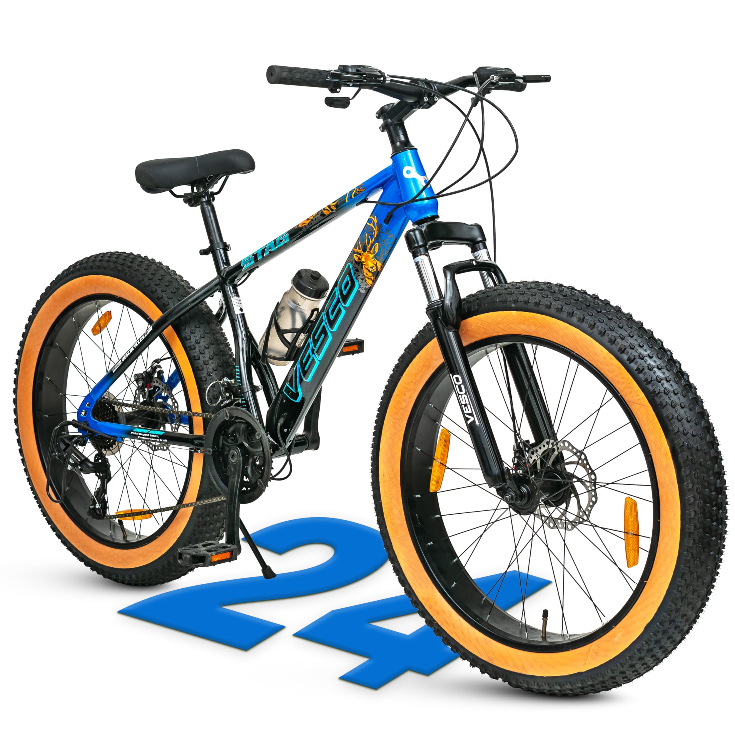 VESCO Stag 24T Fat Tyre Cycle for Boys, & Kids 15+, 21 Gears Cycle, Dual Disc Brakes, Front Suspension, Fitness & MTB Cycle (Blue, 24), 187 x 66 x 112 cm-image-44