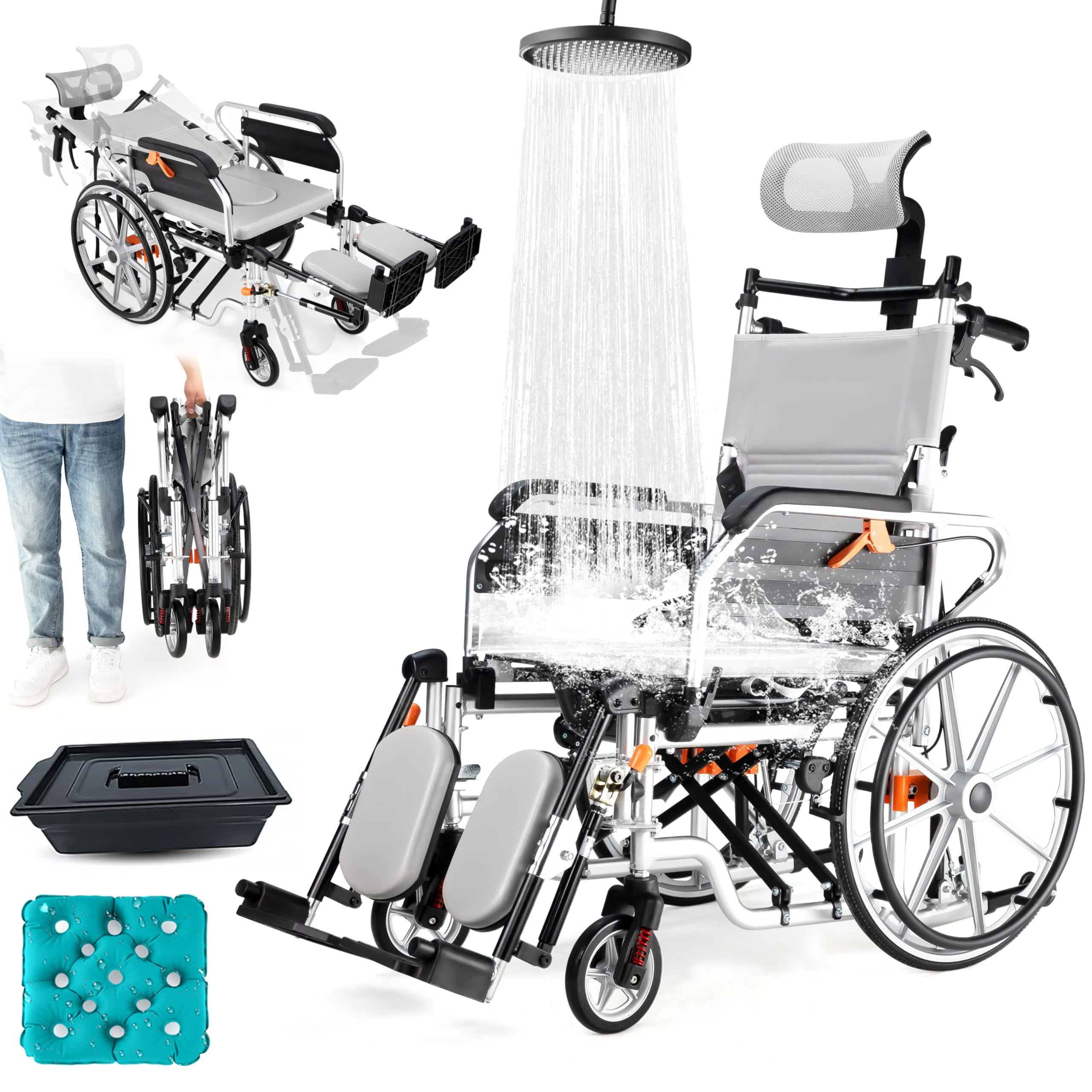 Reclining Wheelchair for Adults, 3-In-1 Fold Transport Wheelchairs for Seniors, Swing-Away Elevating Leg Rests and Flip-Back Arms, with High Back & Removable Headrest, 18.5" Seat Width, Support 265lbs