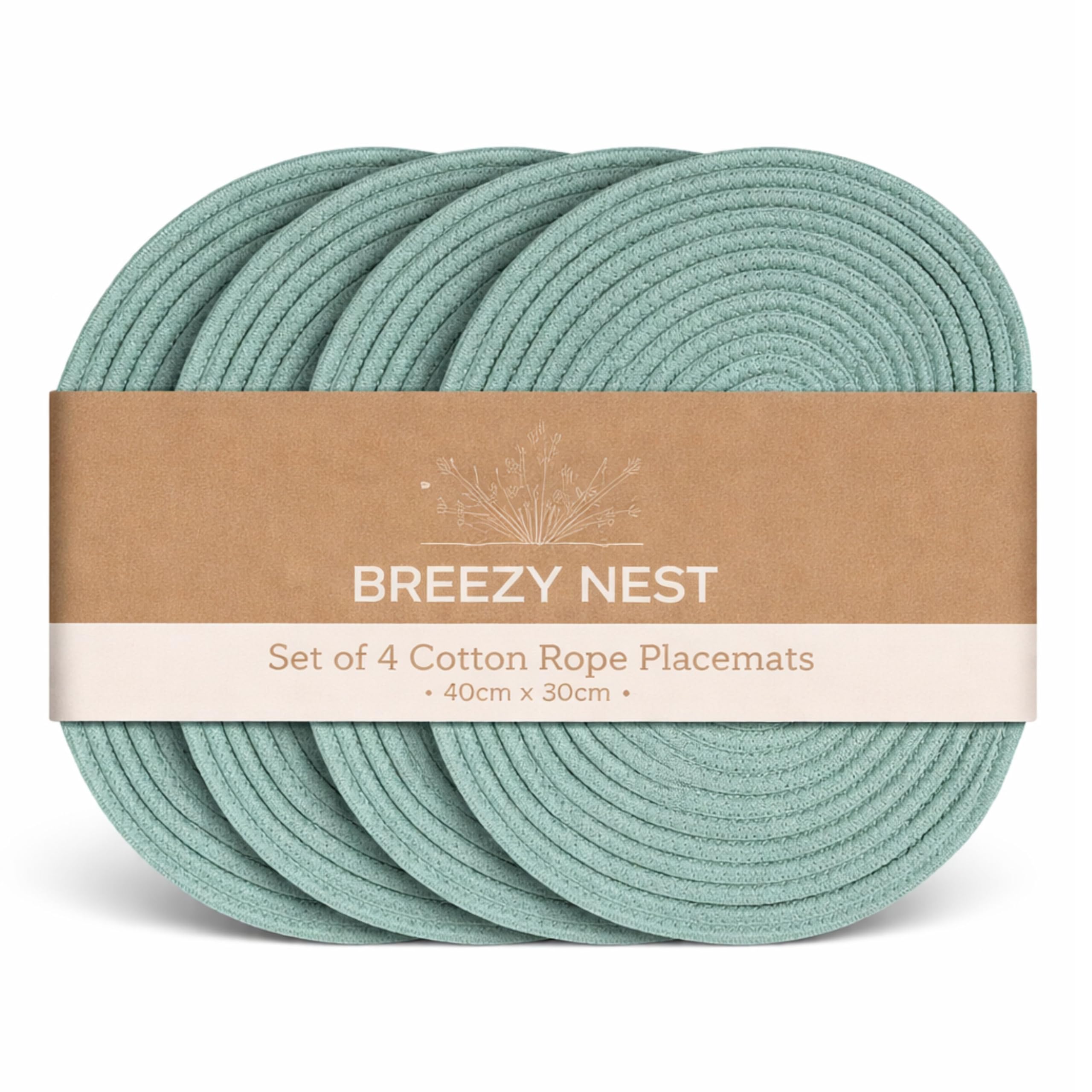 Breezy Nest Cotton Rope Oval Placemats 40 x 30 cm – Woven Table Mats for Dining Table – Neutral Kitchen Placemats Set – Modern Home Table Decor (4, Sage)