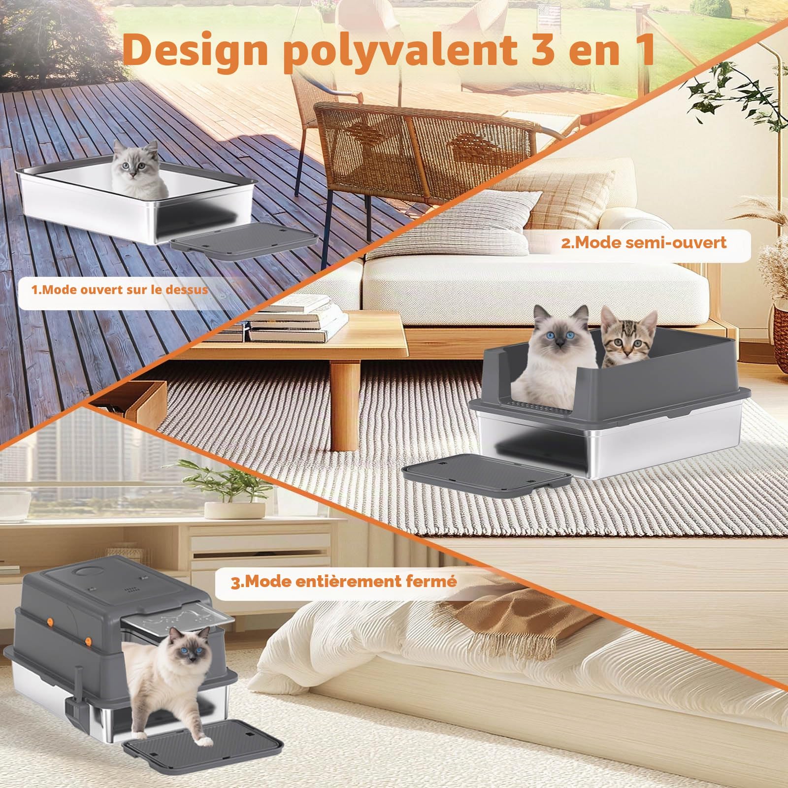Homegroove Bac à litière pour chat XXXL - En acier inoxydable - Avec couvercle - 70 x 50 x 45 cm - Extra large - Avec pelle et pédale - En métal fermé - Anti-fuite - Gris