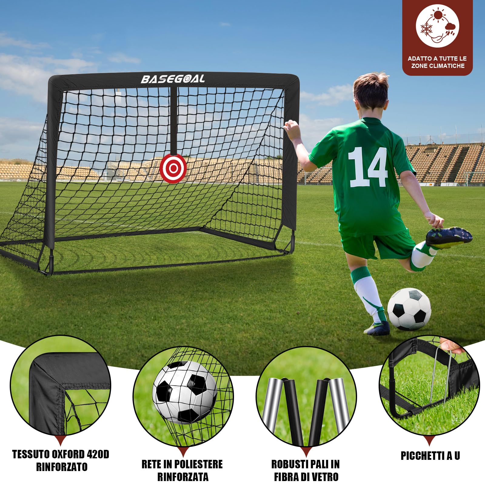 Porte da Calcio per Giardino, Porta da Calcio per 150x120cm, Porticine Da Calcio con Aste In Fibra di Vetro e Reti di Alta Qualità, Bullseye e Borsa per Giardino e Gioco per Interni - 2
