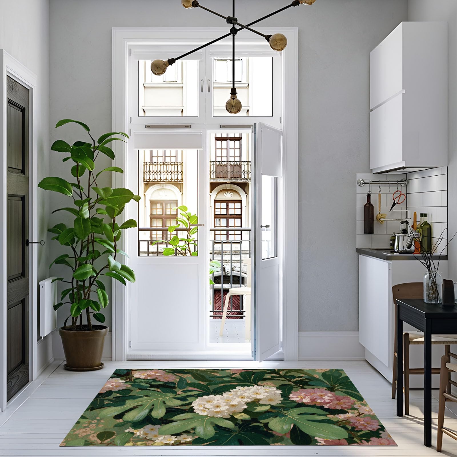 paillasson Fleurs Tropicales - Tapis Robuste Feuilles De Monstera Hortensia 60x90cm - Anti-dérapant Intérieur-Extérieur, Blanches Vertes