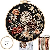 FONNUY Owl Flowers Embroidery Kit for Beginners - Pre-Stamped Pattern with 8'' Hoop, Threads, Needles & Video Tutorials