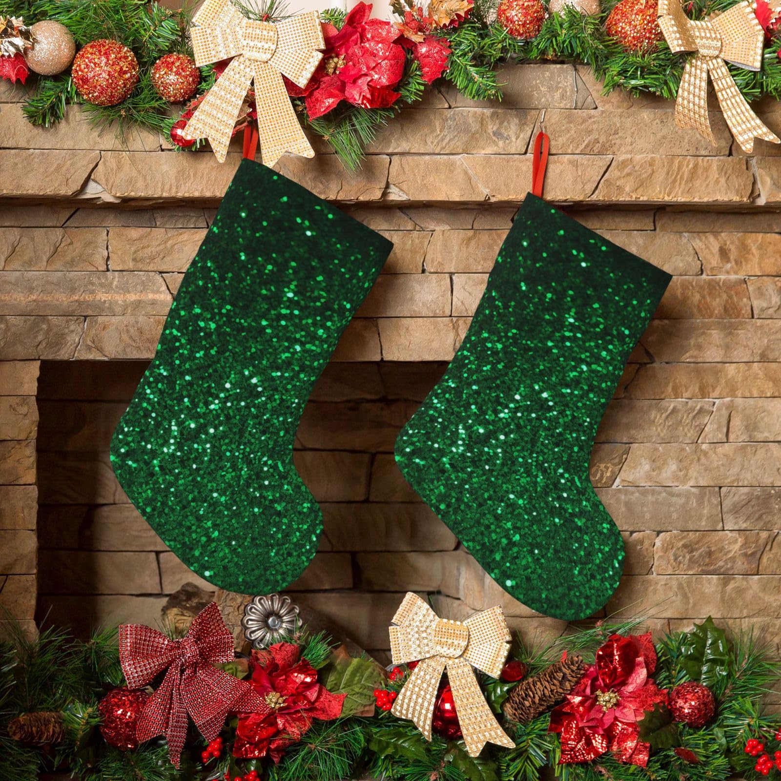 KLOPH Christmas Stockings 18" Personalized Xmas Stocking Green Sequin Sparkle Decoration Stocking Hanging Fireplace Stocking for Holiday Xmas Tree Christmas Fireplace Decor