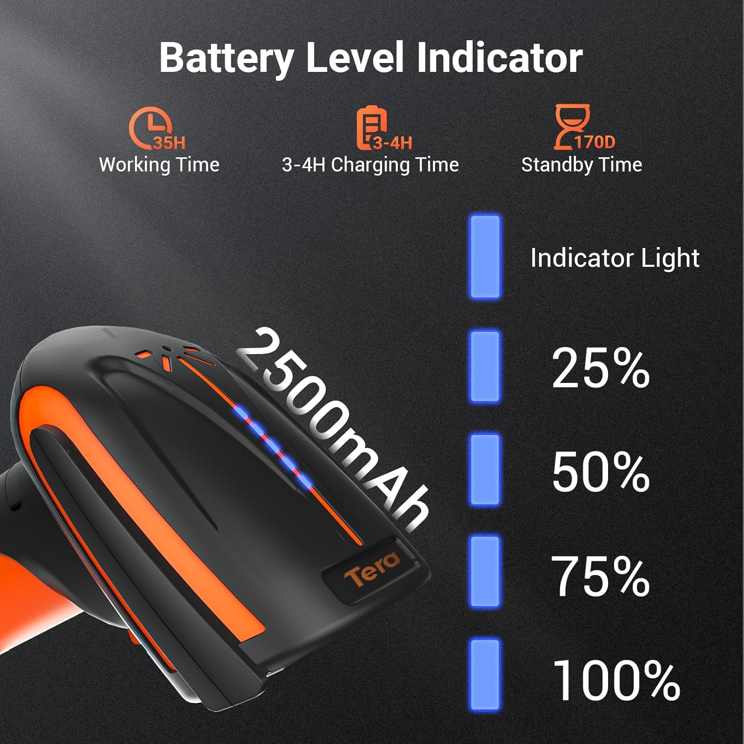 Close-up of the Tera 8100Pro barcode scanner showing the battery level indicator lights and a graphic explaining the 2500mAh battery capacity and charging/working times.