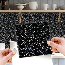 Losetas Vinilo Pared Baño Walplus Vinilos Azulejos Metálicos Vinilo Adhesivo Impreso Azulejos Adhesivos De Pared De Cocina Decoración Protector No Tóxico Purpurina Holográfica De Terrazo Negro 24Unidades 15Cm(6") Negro
