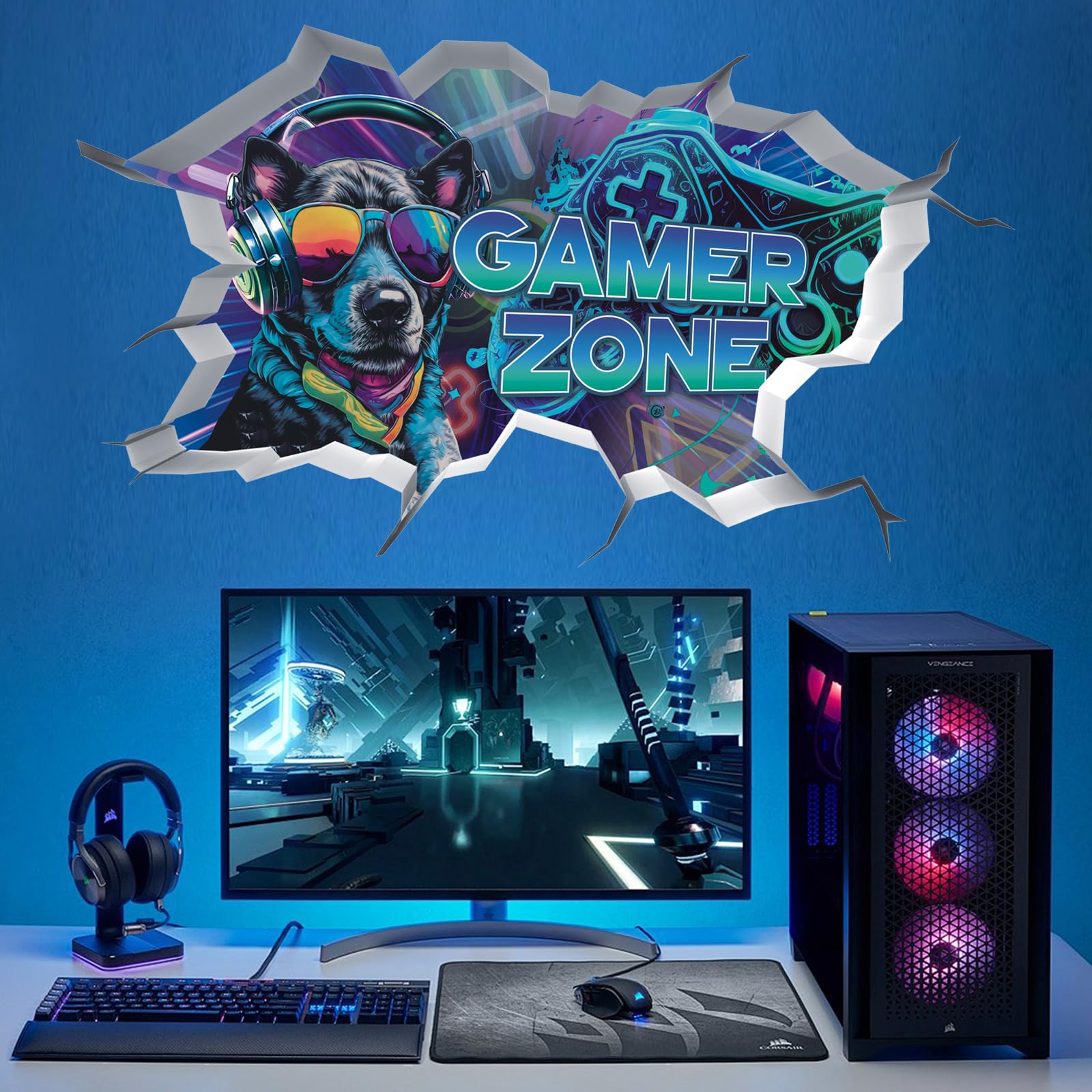 3D Gaming Wall Decals Blue Gamer Wall Stickers Gaming Room Decor Gamer Zone Peel and Stick Art Decal Xbox DecalsTeenagers Boy Bedroom Playroom Wall Decoration Dog Gaming Bedroom Accessories