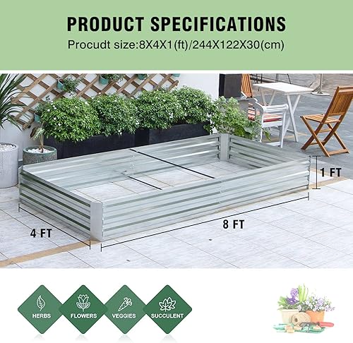 Miniatura 8 de PayLessHere Cama de jardín galvanizada, 8 x 4 x 1 pies, cama de jardín elevada para exteriores, para verduras, flores y hierbas, jardineras grandes