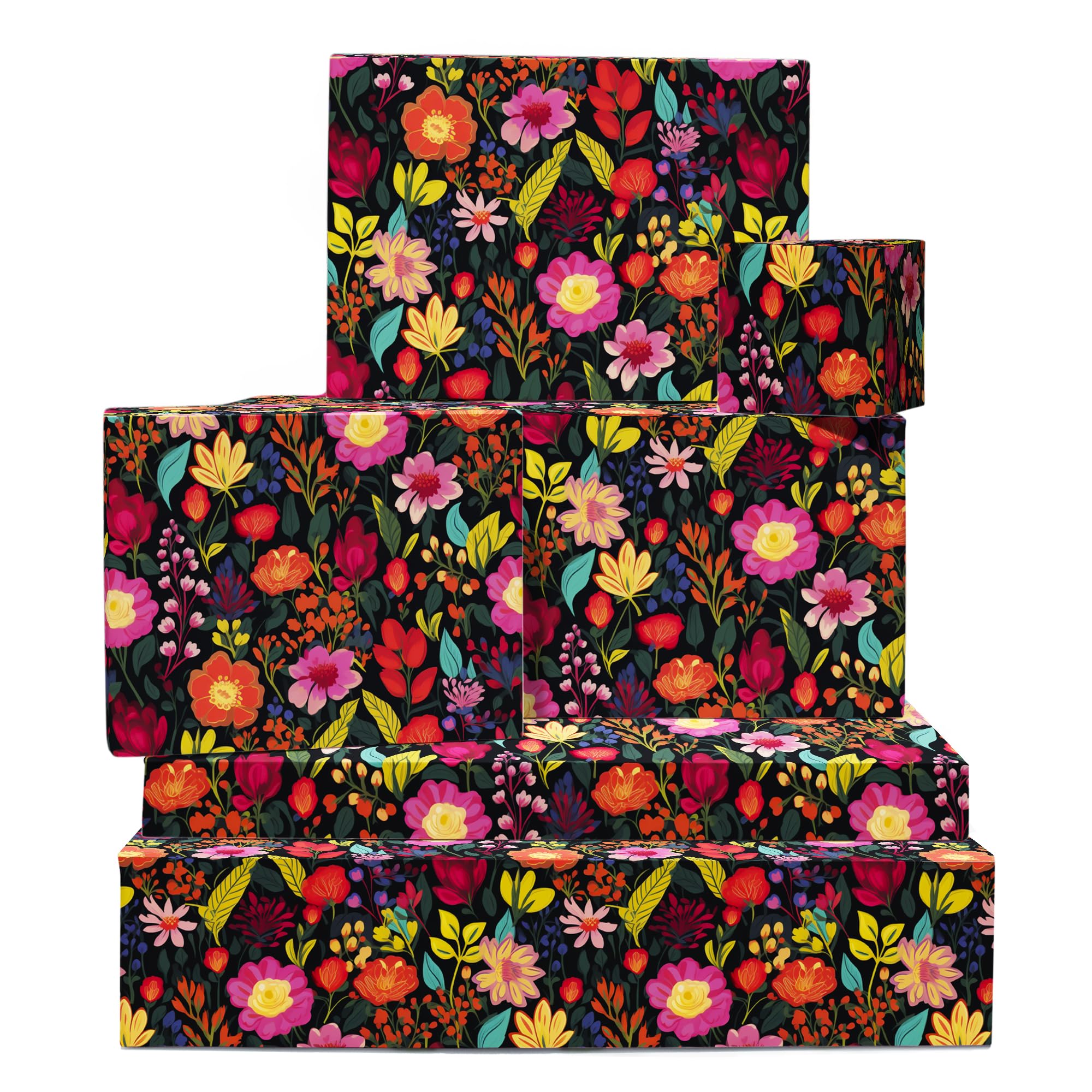 Papel De Regalo Para Mujer - 6 Hojas Con Flores Rosadas, Moradas Y Amarillas - Incluye Pegatinas, Por Central 23