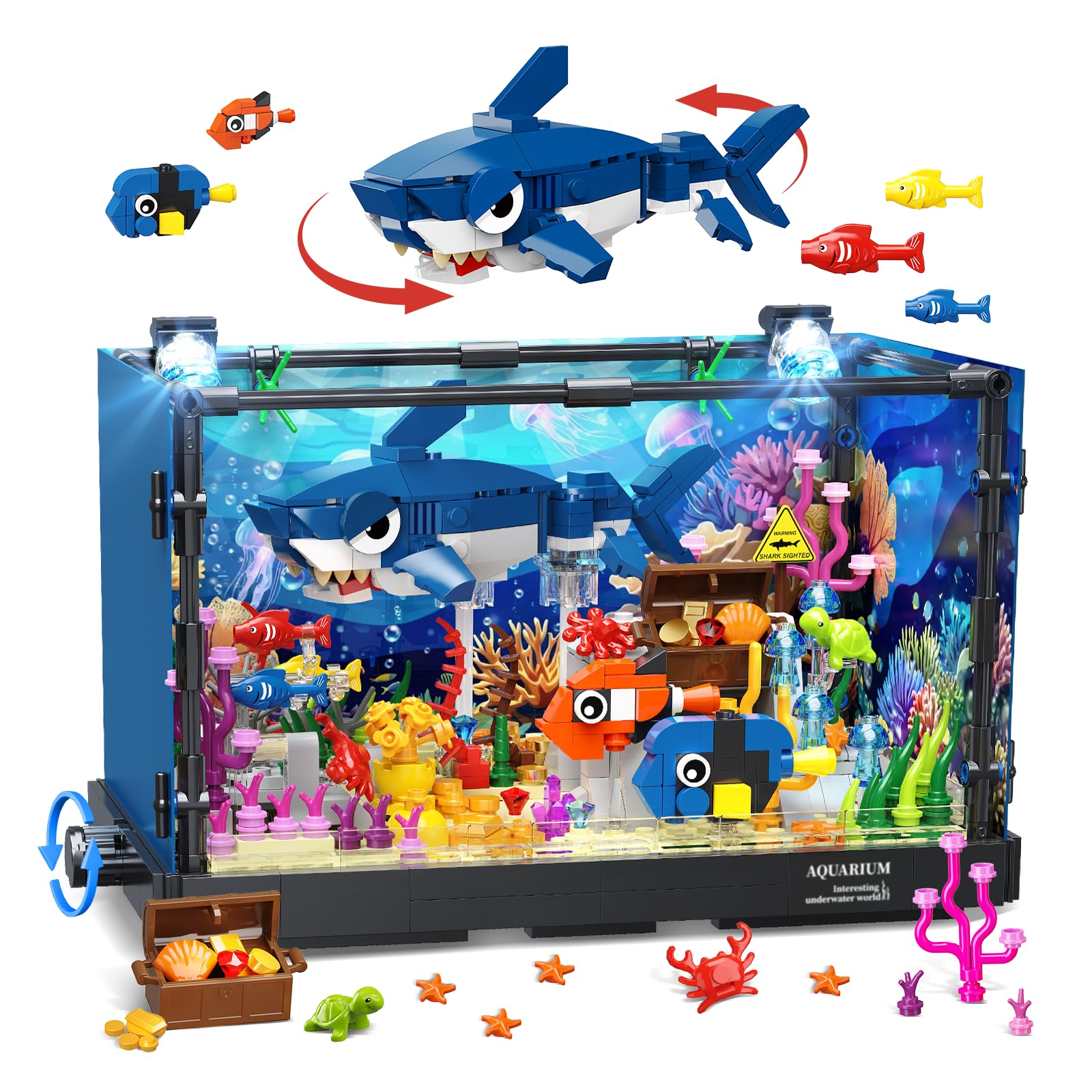 HOGOKIDS Technik Hai Aquarium Bauspielzeug mit Licht für Jungen ab 8 Jahren | Bewegliches Fish Tank Spielzeug mit Hai Figur, Schatztruhe & Meerestieren, Weihnachten Geburtstag Geschenk für Kinder Mädchen