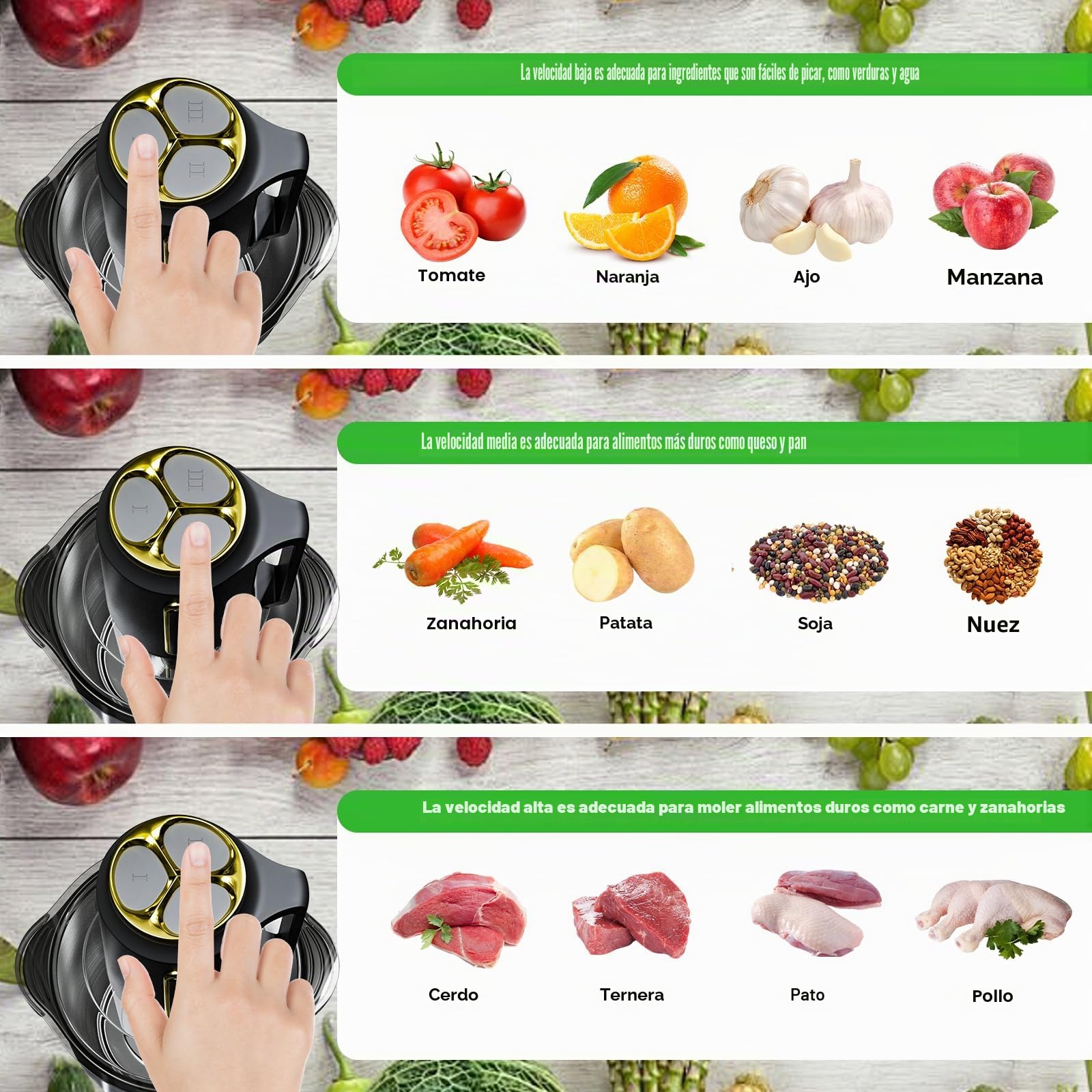 Picadora Eléctrica con 2.5L Recipientes, 300W Trituradora de Alimentos con 3 Velocidades, 2 x Cabezal de Repuesto, Fácil de Limpiar, Picadora para Frutas Verduras Carne Especias