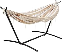 Amazon Basics Double Hammock with 9ft Space-Saving Steel Stand, 450lb 2-Person Capacity, Beige Stripe, Carrying Case Included