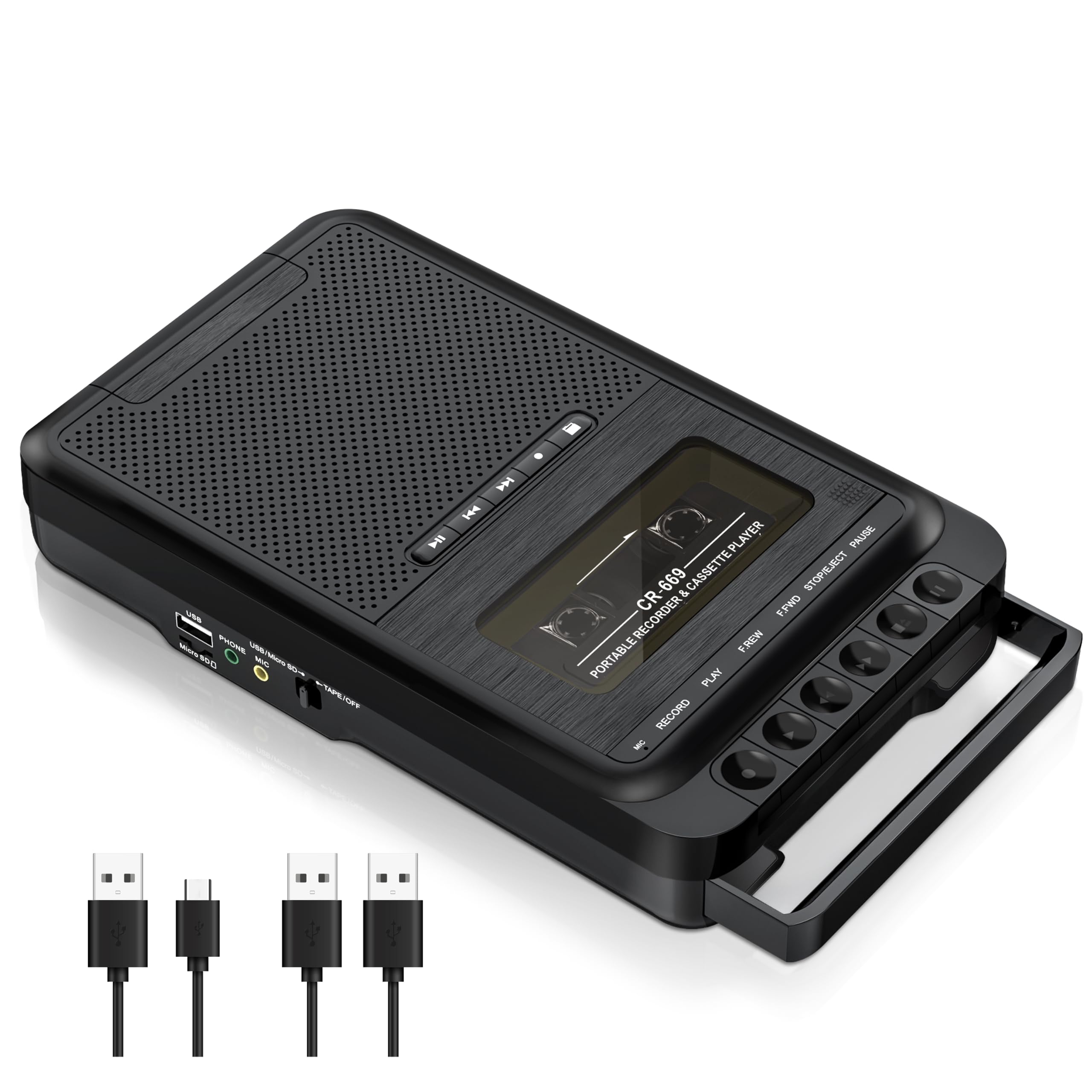 Lecteur de Cassette Portable, enregistreur de Cassette à Cassette/USB/Carte SD Via Microphone, Cassette à Musique MP3 Via USB/Carte SD/PC, enregistreur de Cassette avec poignée Extensible (Noir)