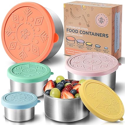 Stainless Steel Food Containers by Everusely | Leakproof, Easy-Open Silicone Lids | Set of 5 from XX-Large to Small | BPA-Free, Eco-Friendly, Reusable Snack & Lunch Boxes for Kids & Adults