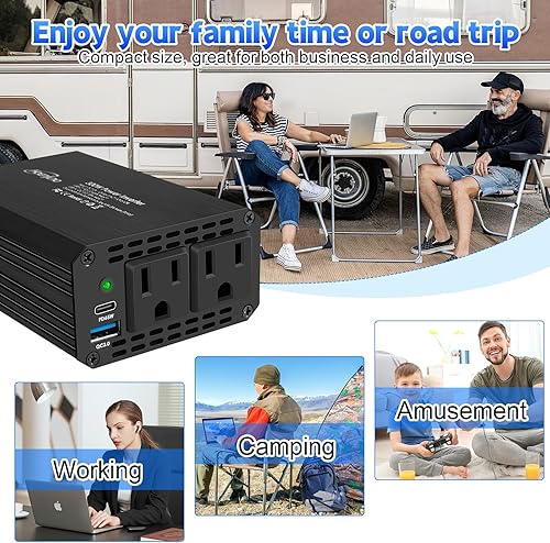Miniatura 7 de Inversor de corriente para automóvil de 300 W con PD 65W, DC 12V a 110V AC Adaptador de enchufe para automóvil con puertos de carga USB QC 3.0 de 18