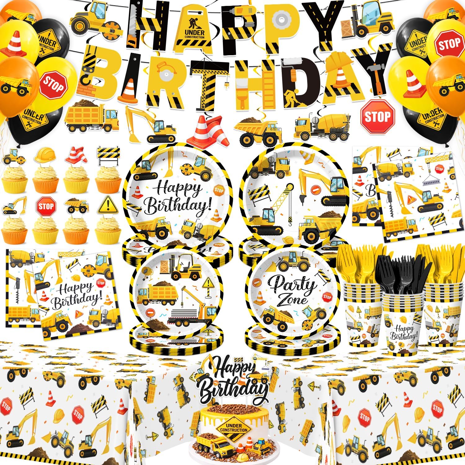 Kinovo 196 Pcs Construction Party Paper Plates Tableware Set (Serves 24), Construction Party Supplies Set Include Plates Napkins Cups For Kids Truck Theme Celebration Tableware