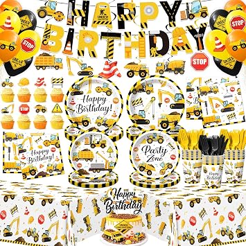 Kinovo 196 Pcs Construction Party Paper Plates Tableware Set Serves 24, Construction Party Supplies Set Include Plates Napkins Cups For Kids Truck Theme Celebration Tableware