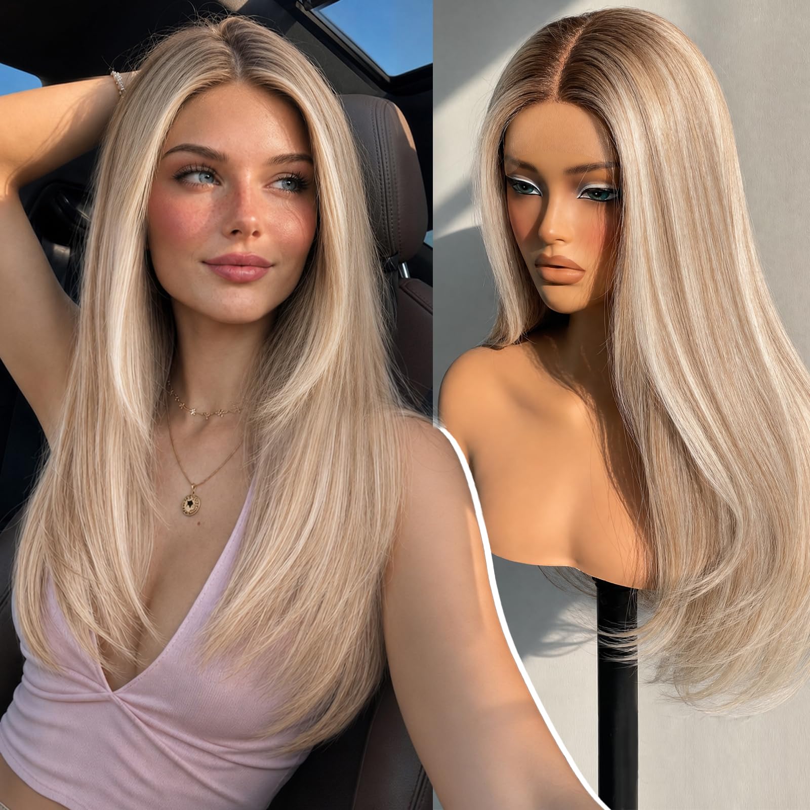 KOME Dirty Blonde Synthetic Lace Front Wig,T Part Pre Cut Glueless Long Straight Layered Wigs for Women Cosplay Daily Use 26IN(#TT6/1603) Dirty Blonde #TT6/1603