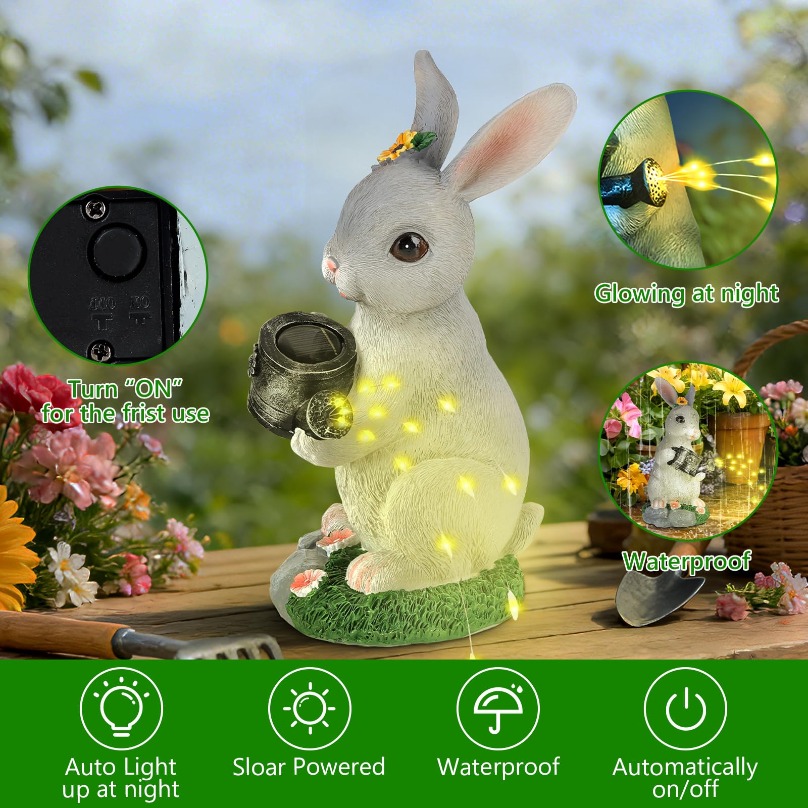 Cuteefun Decorazione Solare da Giardino Coniglio per Esterno, Decorazione Animale da Giardino con Luce Solare, Statua di Coniglio che Trasporta un Annaffiatoio, Regali per la Casa e per L'arredamento