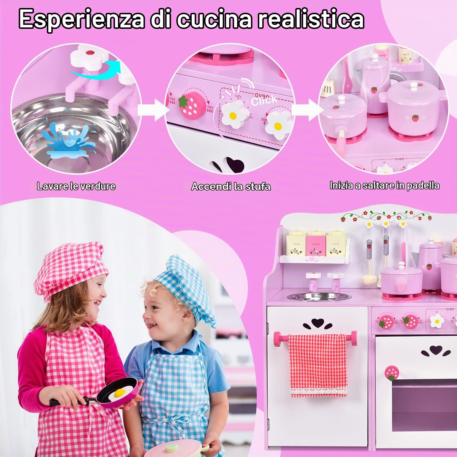 RELAX4LIFE Cucina in Legno per Bambini con Disegni di Fragole, Giocattolo Cottura con Accessori Completi, Regalo Perfetto per le Bambine con più di 3 Anni, Rosa e Bianco, 60 x 30 x 63 cm (L x P x A)