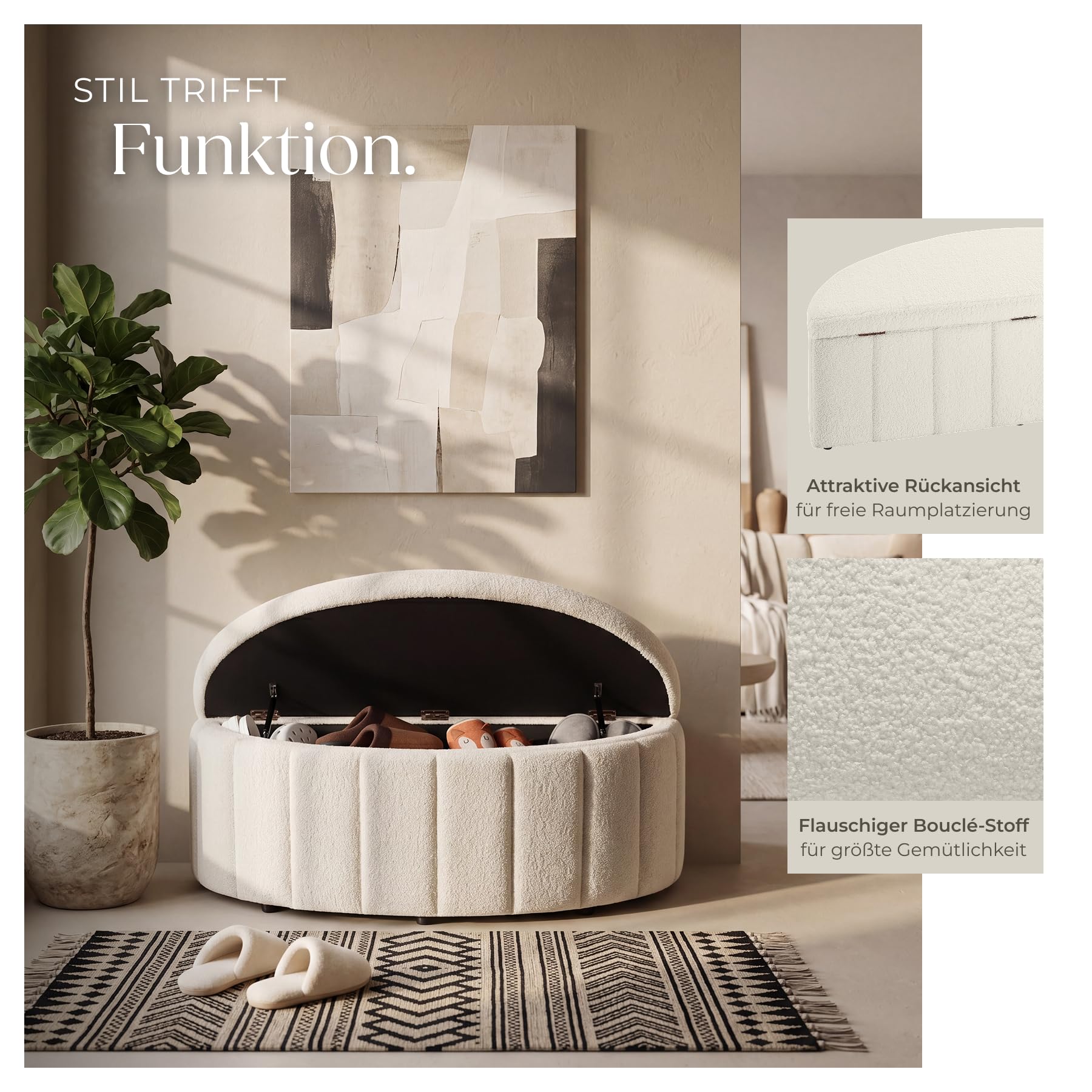 TecTake® Polsterbank, 108 x 48 x 38,5 cm, mit Stauraum, 150 kg belastbar, Polsterdeckel mit Gasdruckfeder, Sitzbank, Komfortbank, gepolsterte Bank, Polster Sitzbank, Bank mit Polster - Bouclé Creme