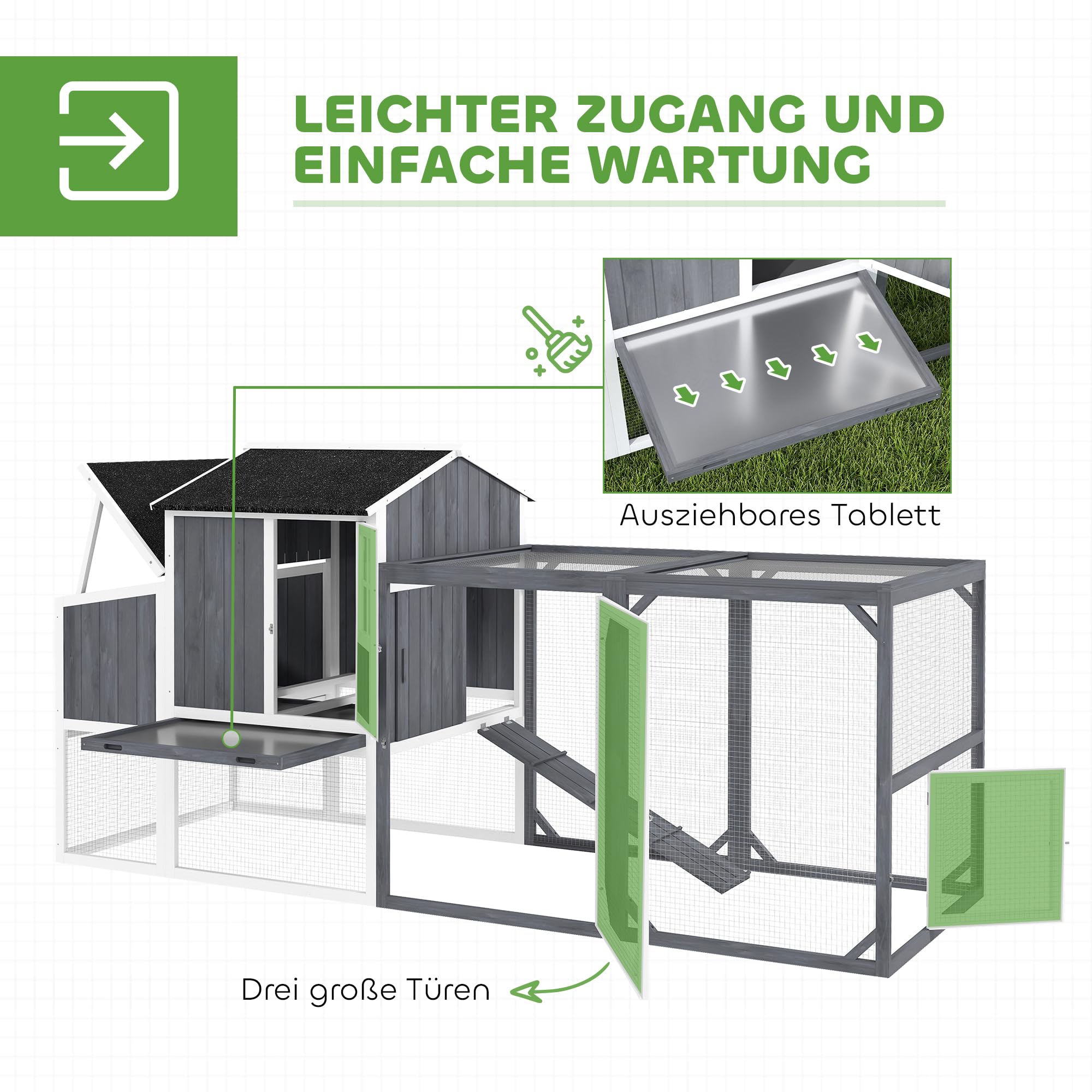 PawHut Kurnik z wybiegiem dla 3-4 kur 236,5x91x114 cm szary