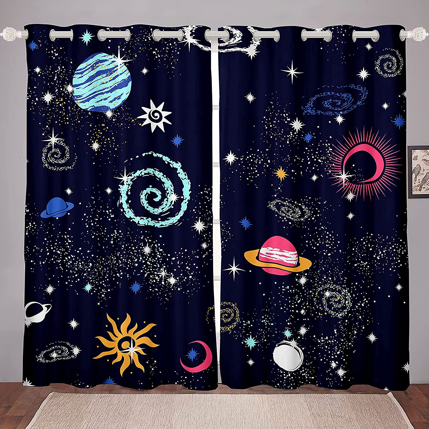 Cortinas de Galaxia, Cortinas de Ventana para el Espacio Exterior para Dormitorio de niños y niños, Dibujos Animados, Universo, Planetas, Cortinas de Ventana para Sala de Estar, Cielo Estrellado, tra