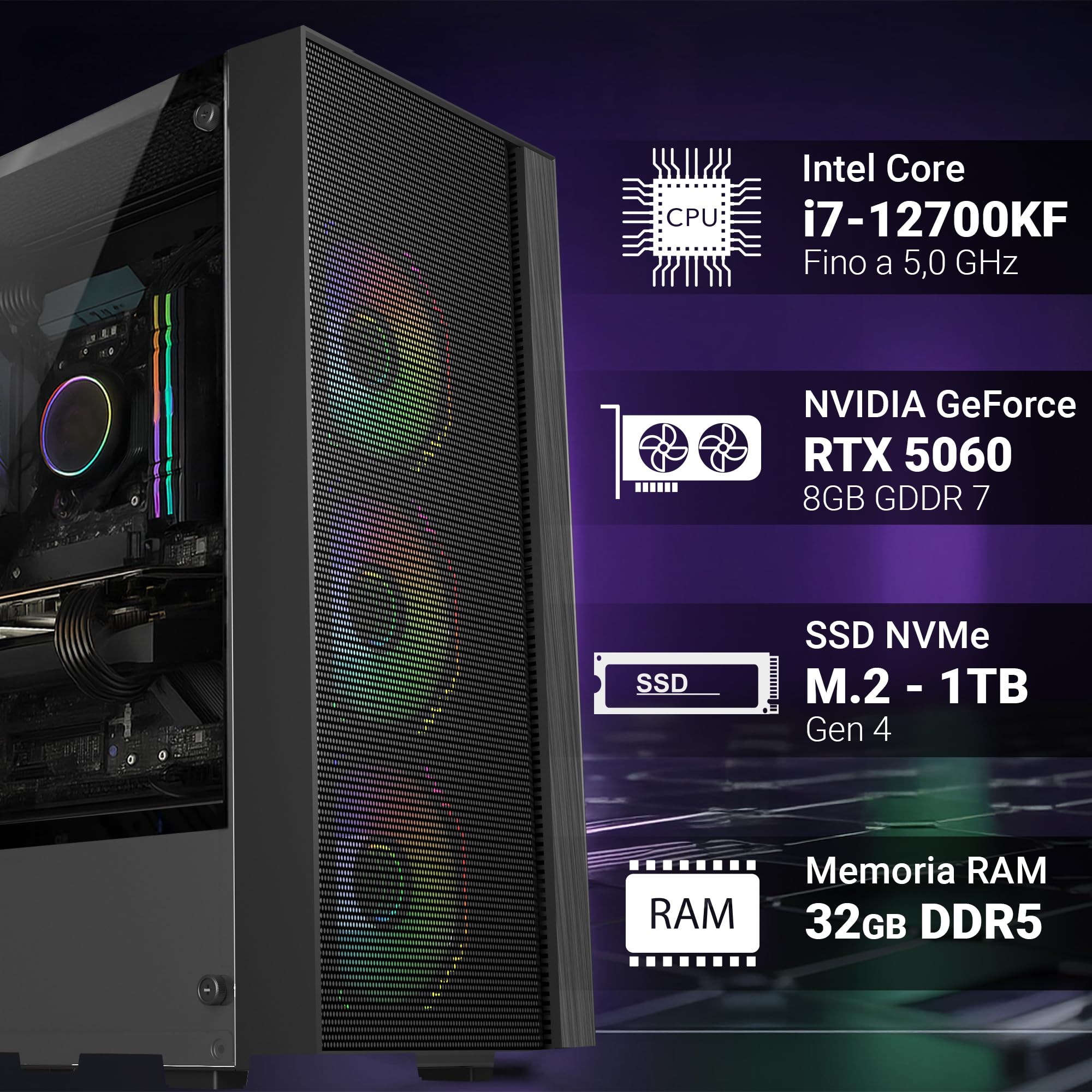 PC Gaming Intel i7-12700KF RTX 5060 8GB RAM 32GB DDR5 SSD 1TB NVMe M.2 Wi-Fi Bluetooth Windows 11 Pro