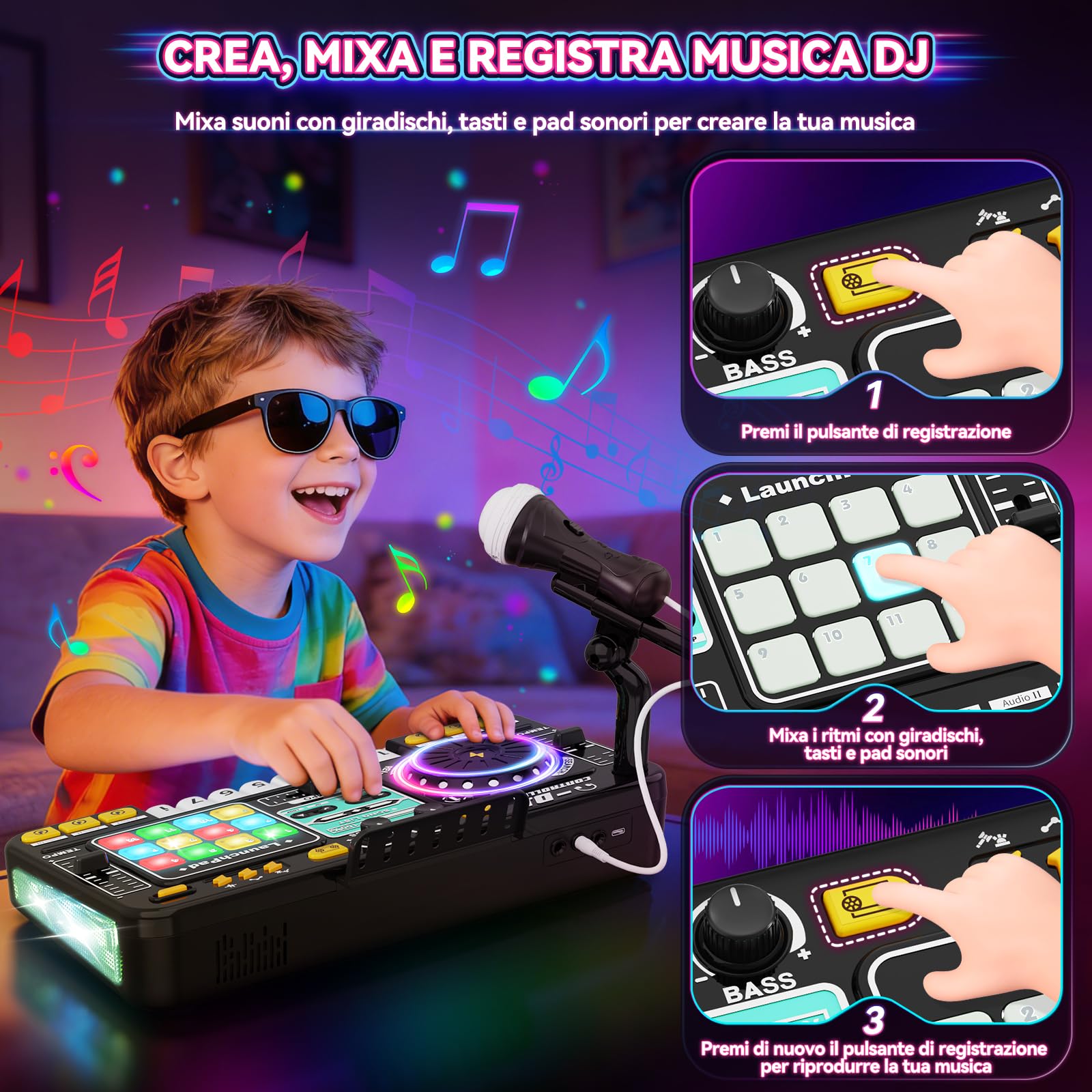 Console DJ per bambini, controller DJ, mixer DJ con funzione di registrazione, 100+ effetti sonori, giradischi DJ realistico e drum pads, regalo per bambini e bambine 3-11 anni, Nero