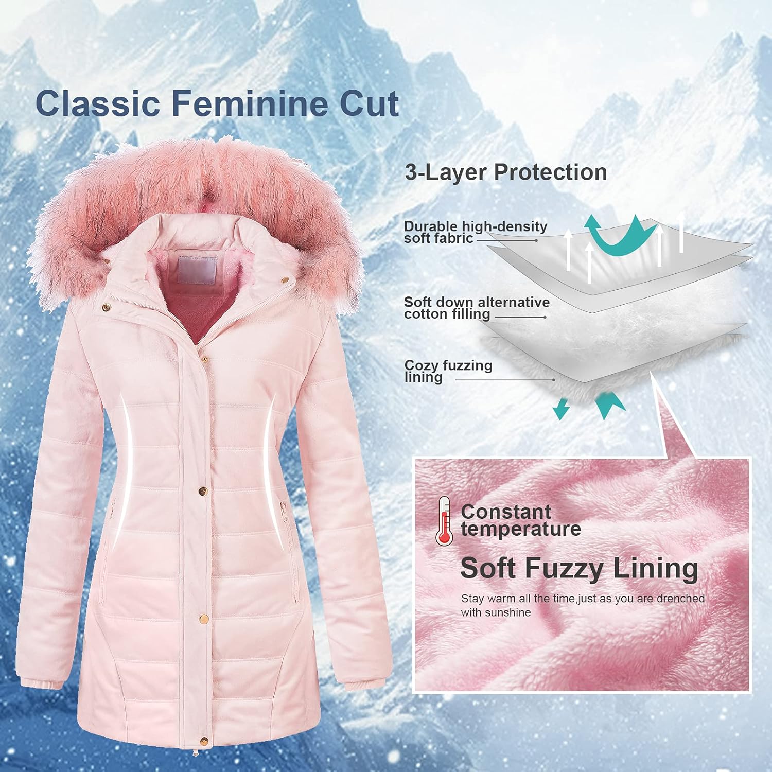 Chrisuno Women's Warm Winter Coat Velvet Puffer Jacket Quilted Faux Fur Hood - Image 4