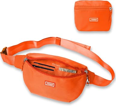 The Foldie Foldable Crossbody Bags for Women & Men - Anti-Theft RFID-Safe Fanny Pack with Smart Lockable Zippers and Cut-Resistant Strap - Lightweight Waist Pack for Travel & Everyday Use - Orange