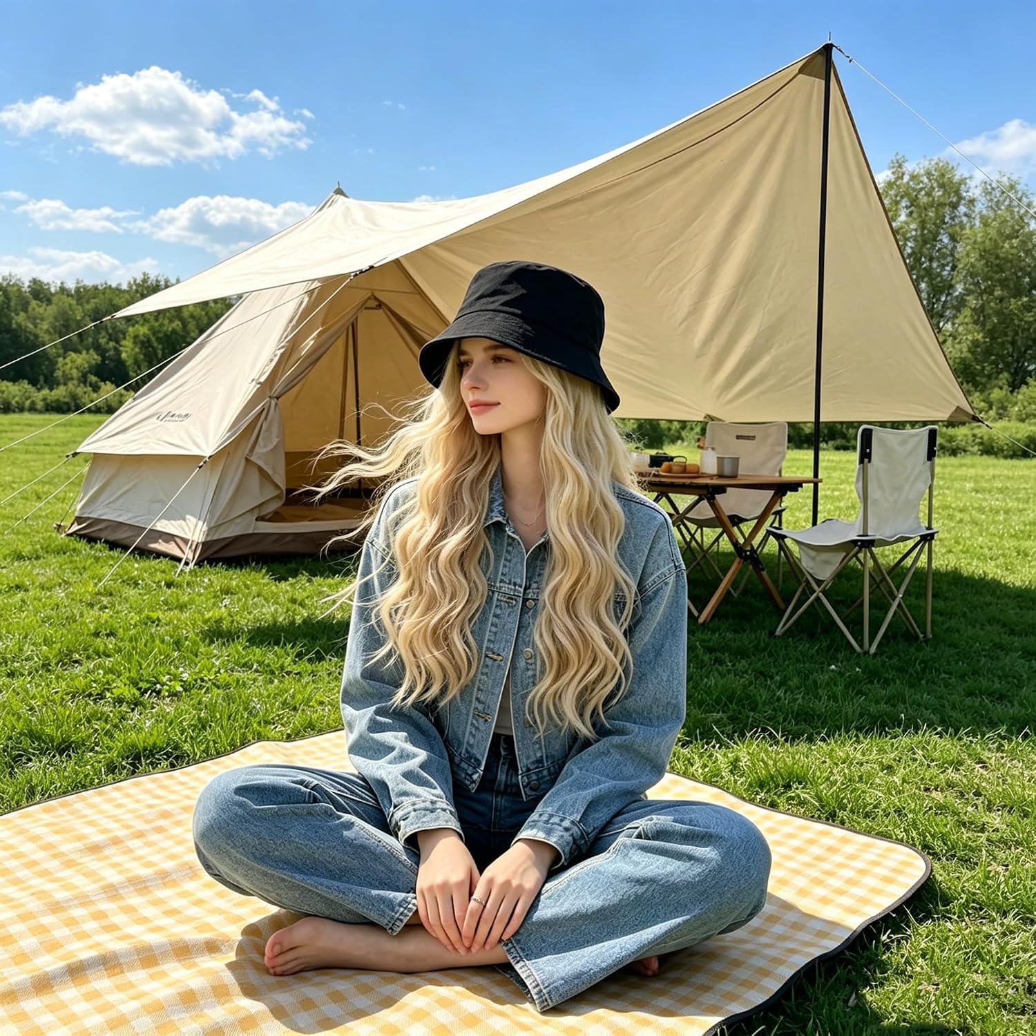 Women’s Bucket Hat with Hair Extensions – 19.7 Inch Blonde Long Wavy Hat Wig, 2-in-1 Adjustable Beach Sun Hat with Fake Hair