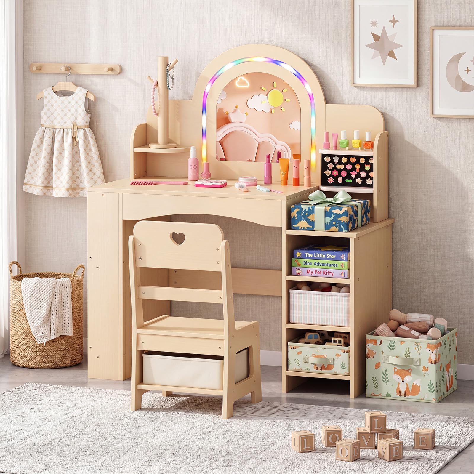HONEY JOY Kids Vanity, Wooden Girls Vanity Set with Lighted Mirror &amp; Open Bookshelf, Ring Slot &amp; Jewelry Storage, Toddler Makeup Vanity Desk Dressing Table, Kids Vanity Table and Chair Set (Natural)