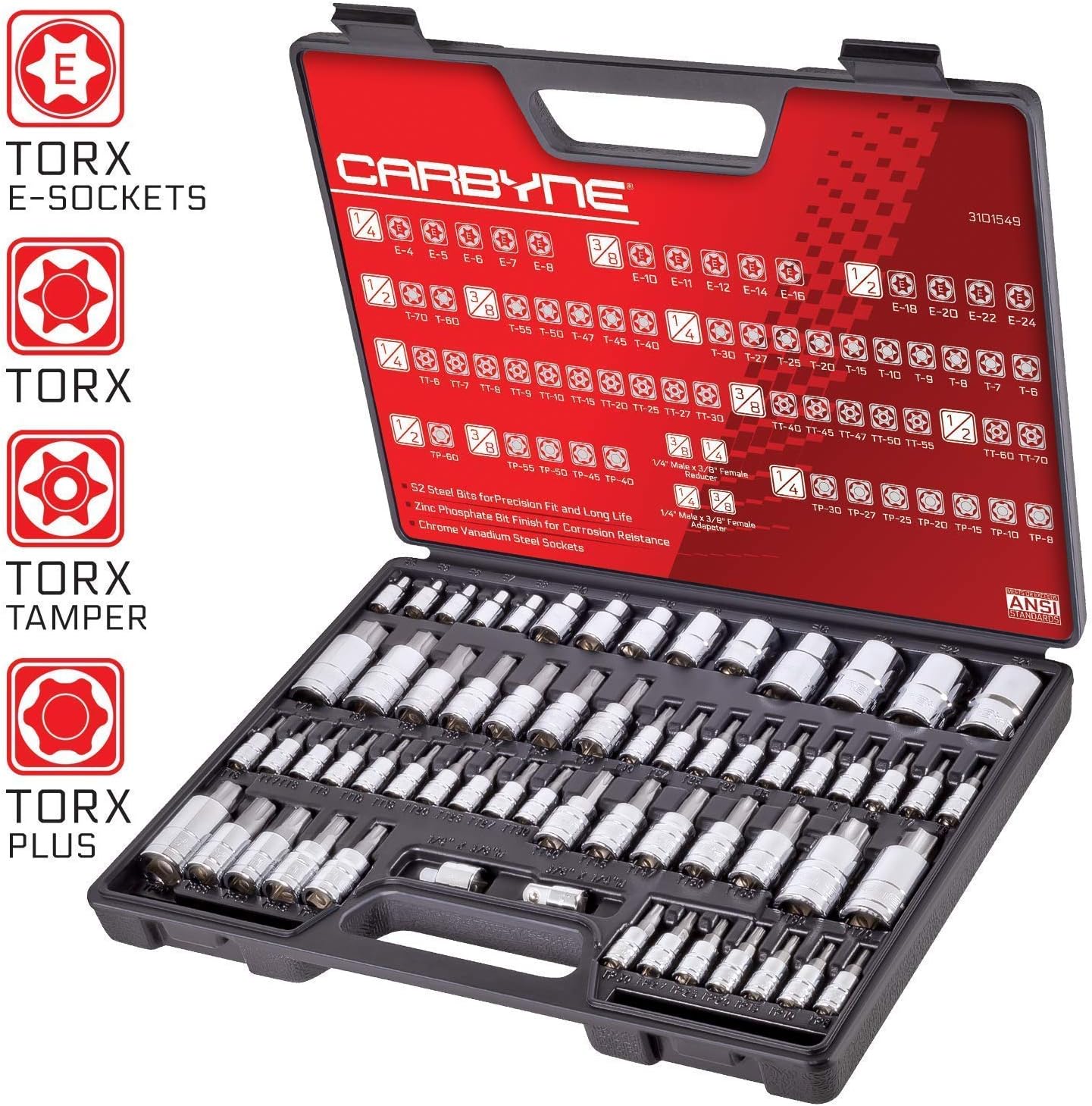 CARBYNE 62-Piece Master Torx Bit Socket Set & Torx External Socket Set AND 28-Piece Tamper-Proof Hex Bit Socket Set. 90 Pieces