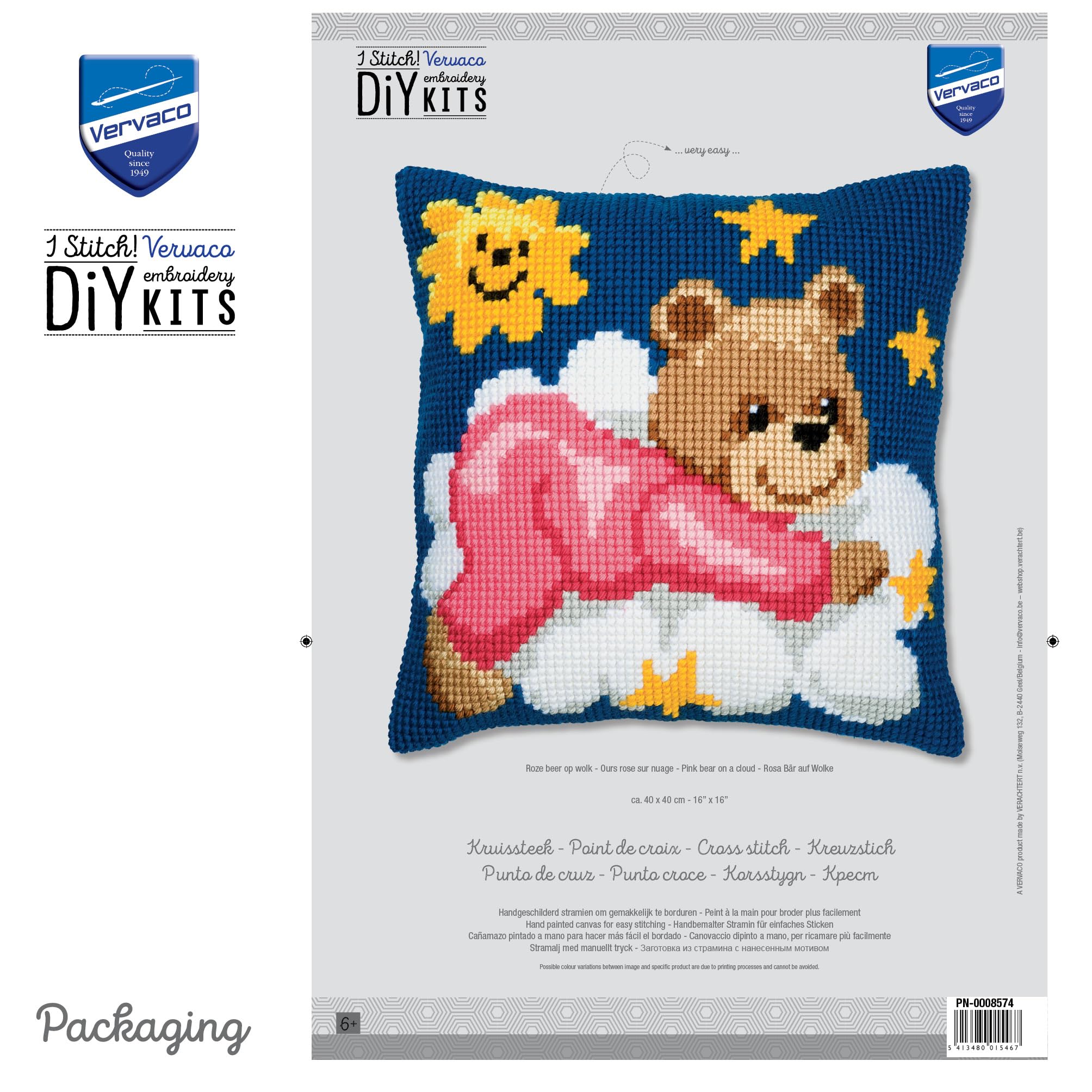 VERVACO Kit Cuscino Punto Croce Orso Rosa su Una Nuvola Set Ricamo Principianti Cuscini Gobelin Decorativi ca. 40 x 40 cm Accessori per Lavoretti Creativi DIY Casa Decor Hobby Adulti Cross Stitch