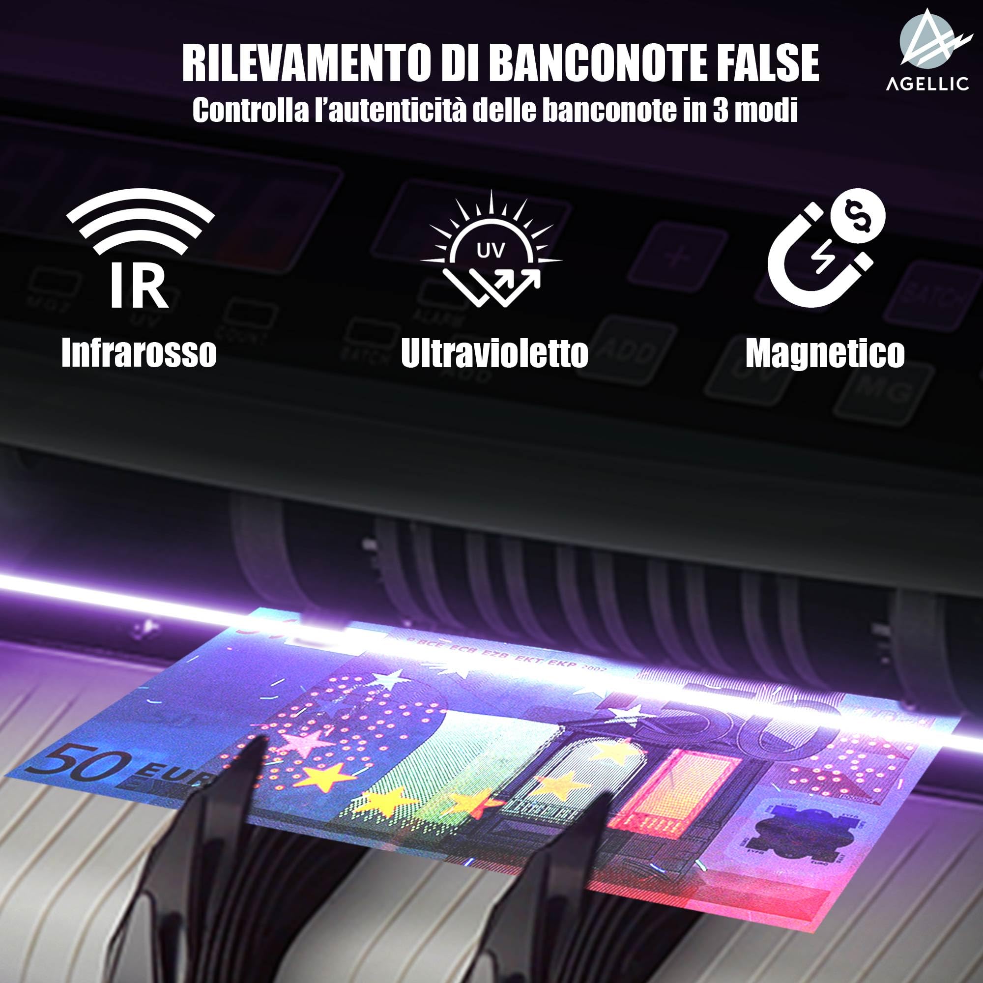 Conta Banconote | Macchina Conta Soldi Professionale | Rilevatore Banconote False 3-Fold | 1000 Banconote/min | Verifica Banconote e Controllo Soldi Falsi | Incl. Pennarello Banconote