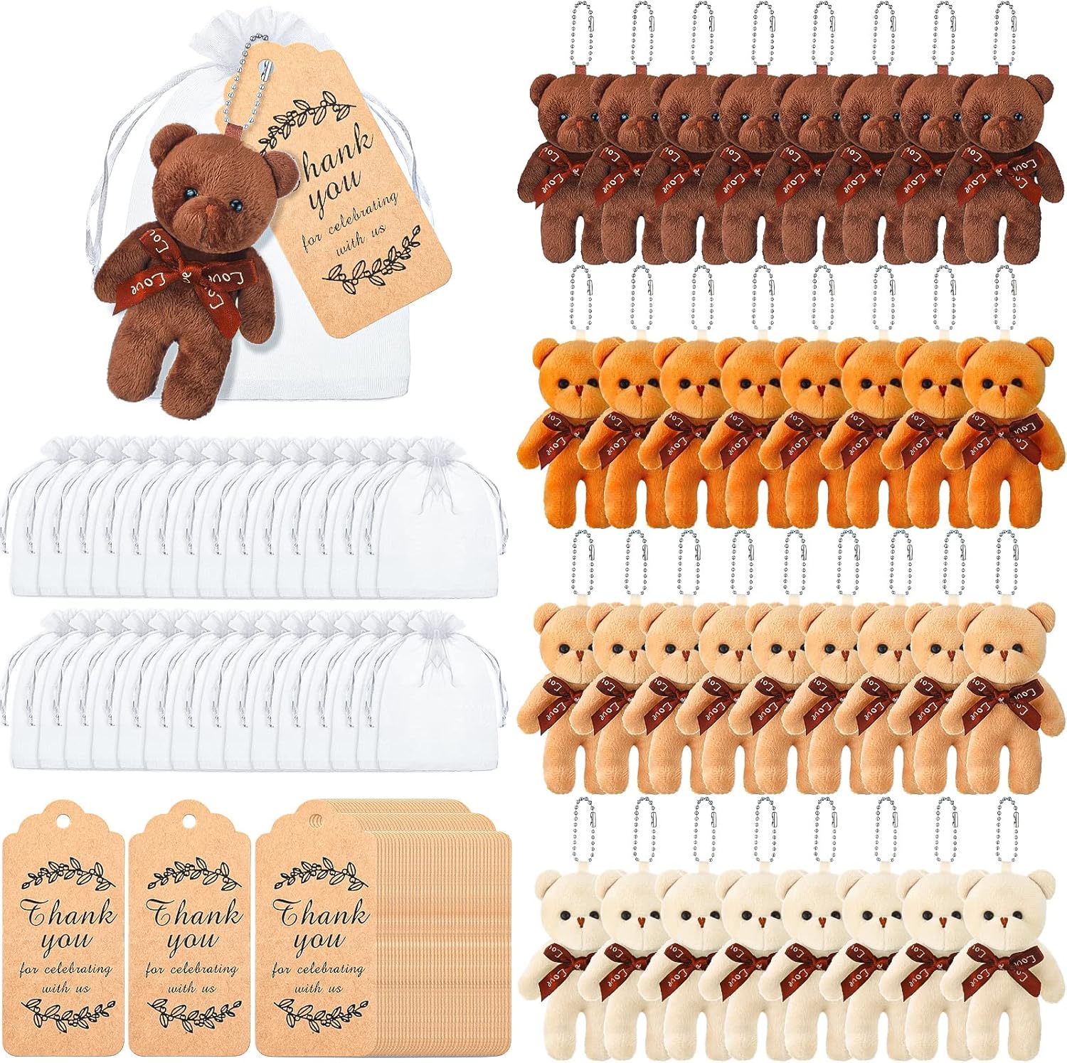 HyDren 120 Pcs Bear Party Favors Bulk 4.7 Inch Mini Plush Bear Cute Stuffed Animal Keychains Thank You Tags with Organza Bags for Baby Shower Birthday Wedding(Classic Color)