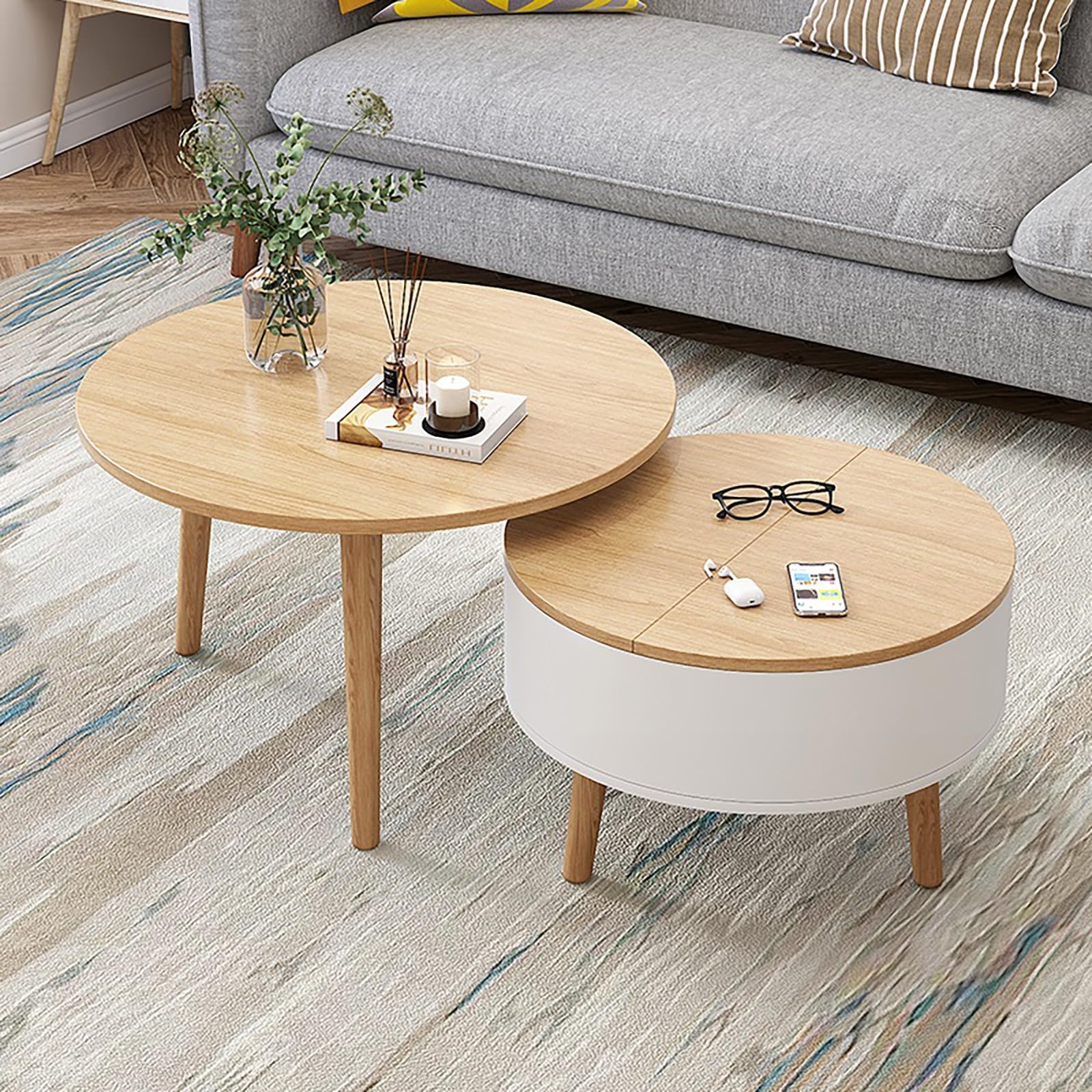 2er Set Runde Couchtische mit Stauraum, Stapelbare Wohnzimmertische aus Holz mit Klappdeckel, Kleiner Beistelltisch mit Verstecktem Fach für Wohnzimmer oder Kleine Räume(60cm/23.6in,Brown/white)
