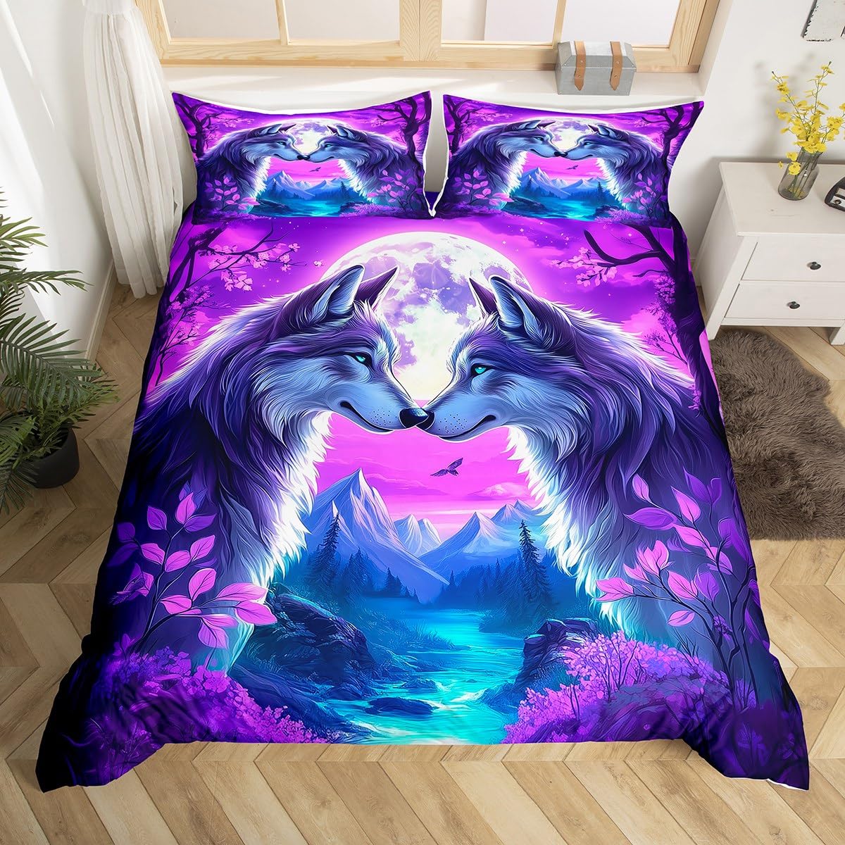 Homewish Wolf Bettwäsche 135x200cm Lila Ranken Blätter Berge Flüsse Mond Wölfe Bettbezug Set für Kinder Jungen Mädchen Jugendliche Paar,Ästhetisch Funkelndes Sternenlicht Wildtiere Bettwäscheset