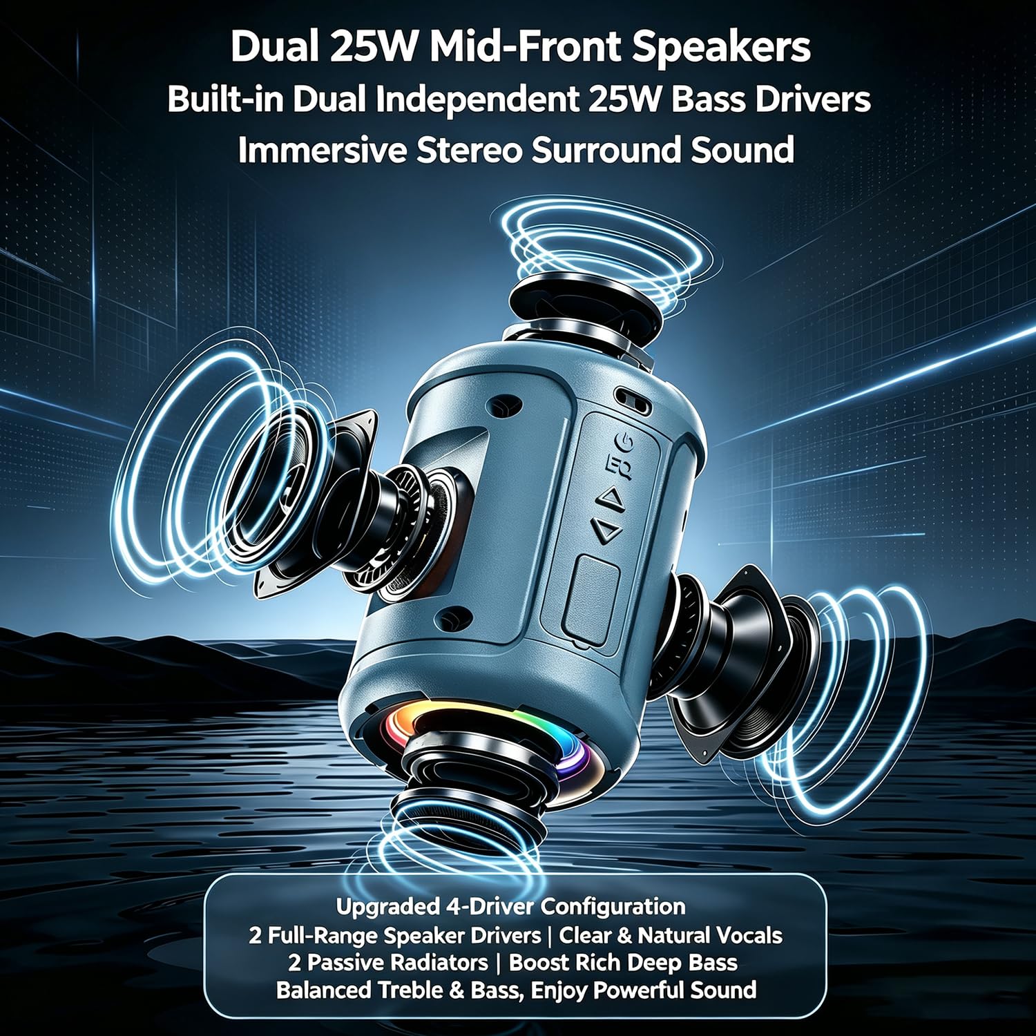 Altoparlante Bluetooth portatile per esterni, con 50 W, impermeabile IPX7, senza fili, con luce RGB, Bluetooth 5.4, TWS Stereo, EQ, supporta TF/USB/AUX per campeggio, spiaggia, piscina