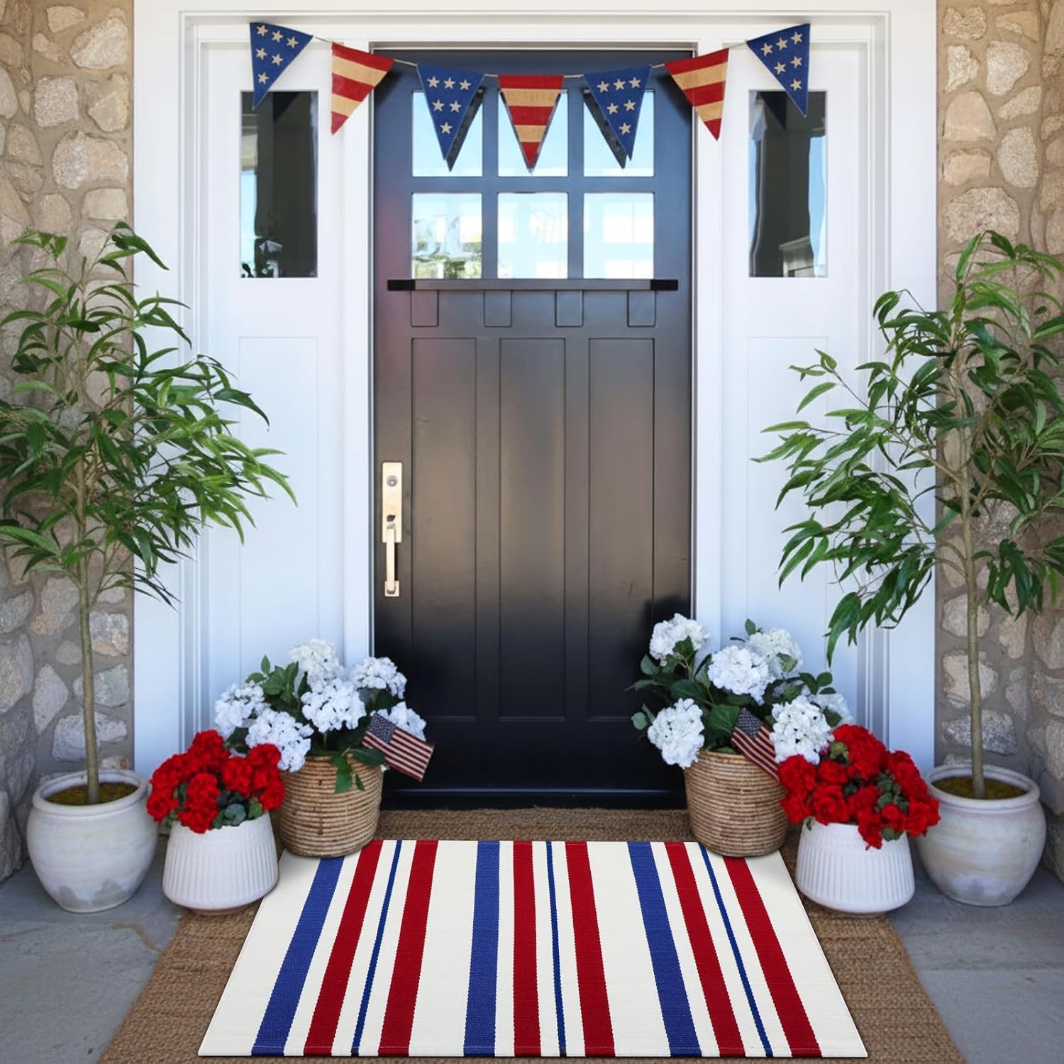 Duraaamo Patriotic Door Mat 250th Anniversary Blue Red White Stripe Doormat USA Memorial Day Welcome Mat Outdoor Rug 24 x 35 Inch Washable Front Porch Entryway Layering Rug for Farmhouse 4th of July