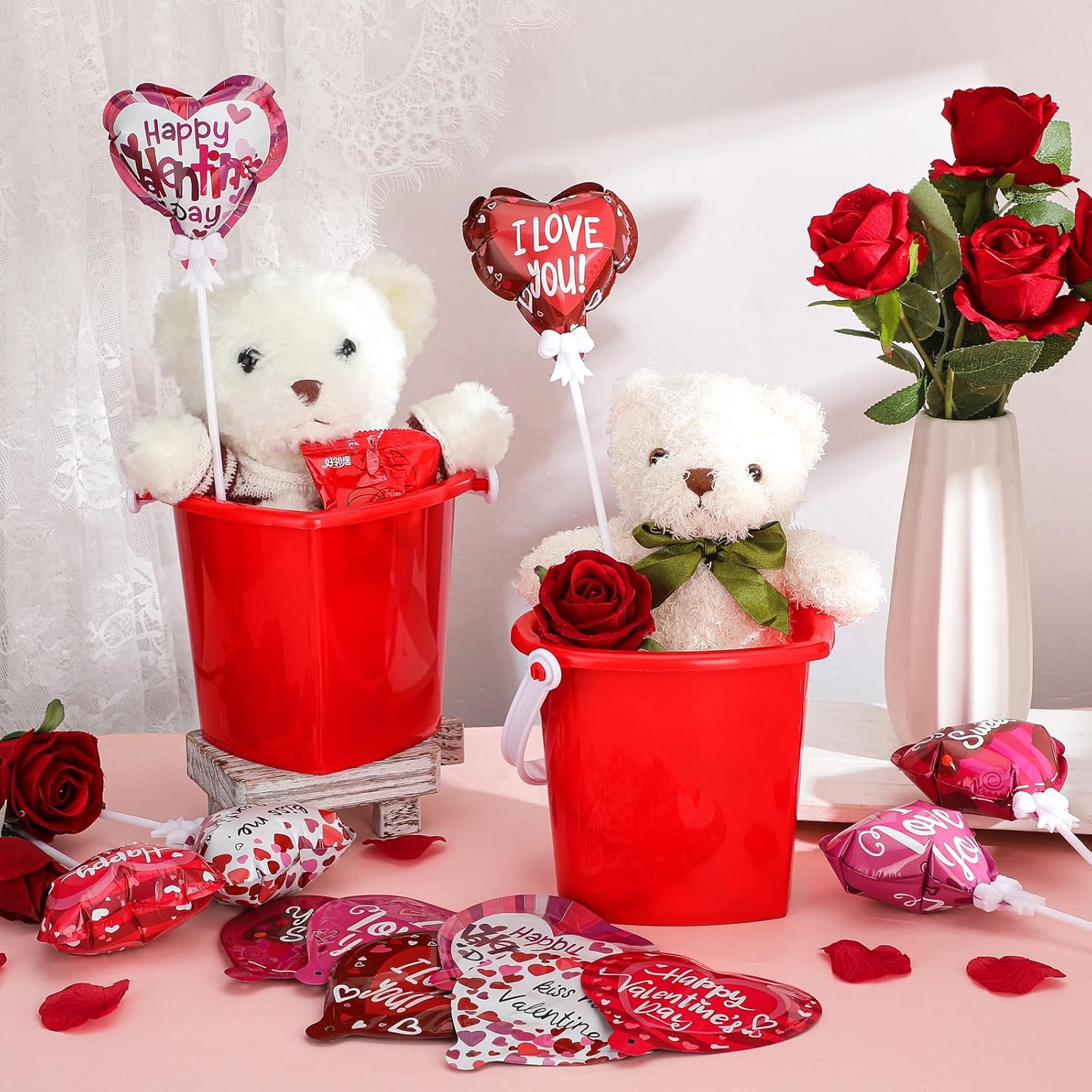 102 Pcs Valentine's Self Inflating Balloons Mini Heart Balloon on a Stick 4 Inch I Love You Balloons with Rod for Valentines Engagement Wedding Party Romantic Decorations - Image 4