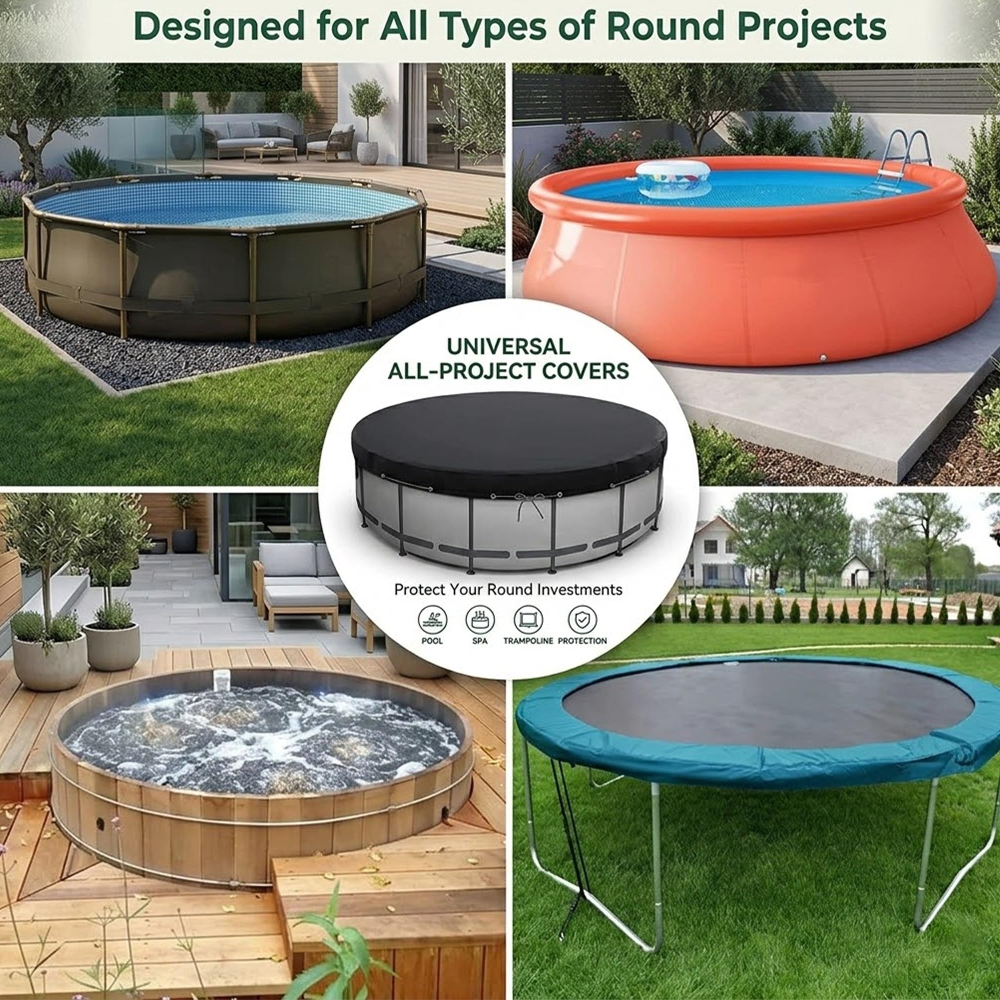 Copertura per Piscina Rotonda Tessuto, Resistente ai Raggi UV Impermeabile Antipolvere, Copertina Protettiva per Piscina Fuori Terra Resistente al Freddo e agli(Black,D 366 x H 20 cm)