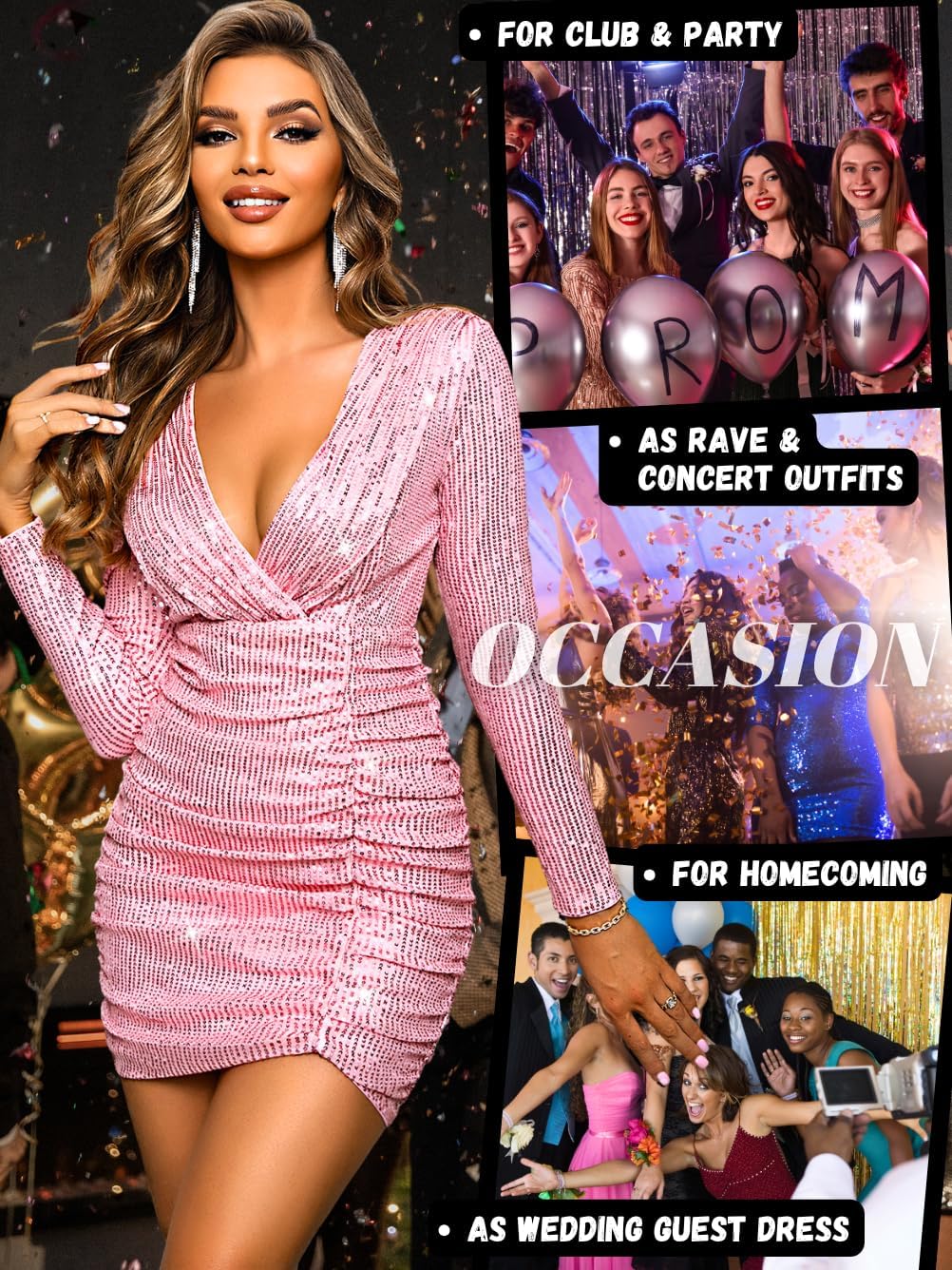 Kaei&Shi Sequin Cocktail Dresses,Deep V Neck Long Sleeve Mini Dress for Women,Sexy Sparkly Outfits Birthday Party Night Club - Image 6