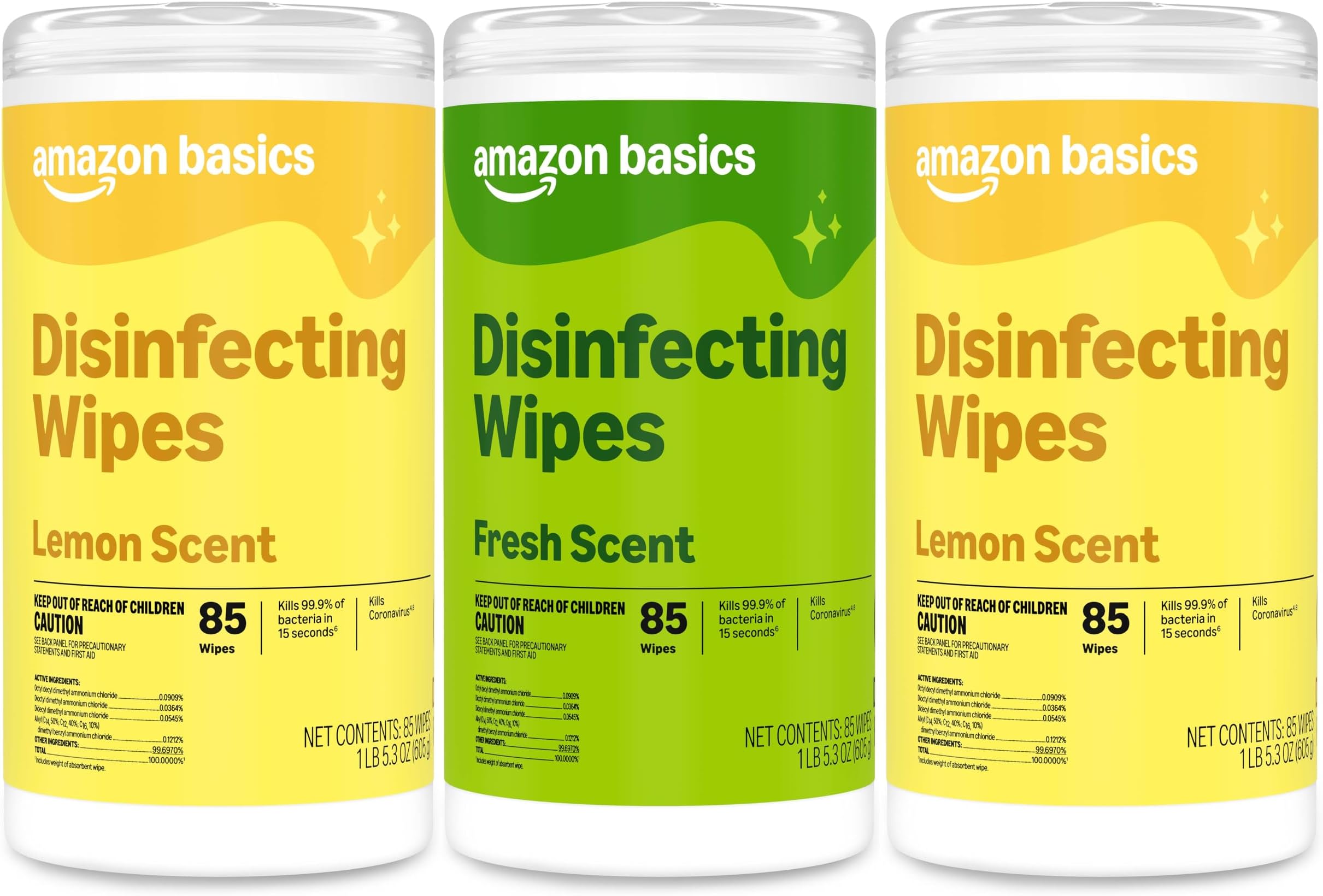Amazon Basics Disinfecting Wipes, Lemon & Fresh Scent, Sanitizes/Cleans/Disinfects/Deodorizes, 255 Count (2 Packs Lemon, 1 Pack Fresh Scent)