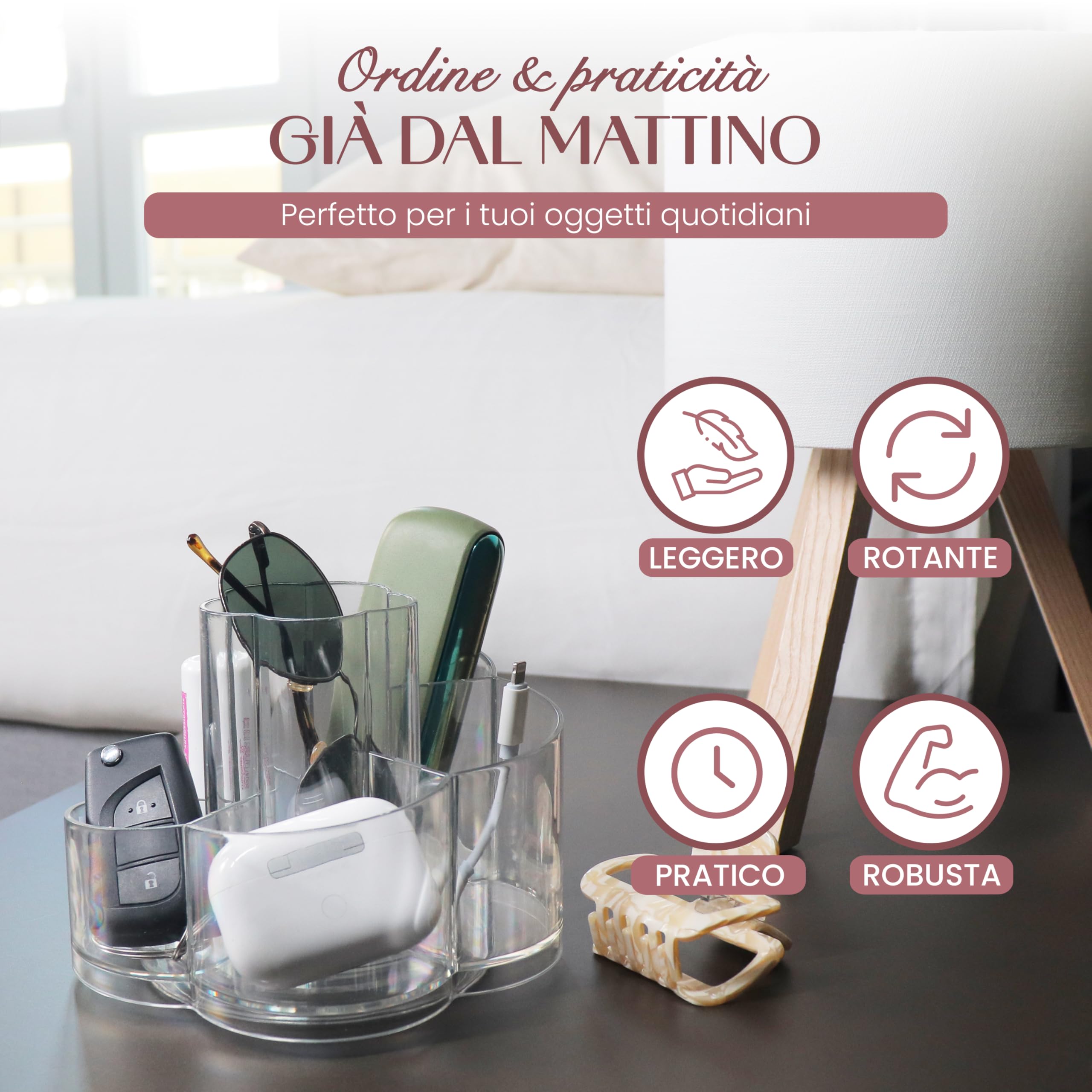 Generico Organizer Trucchi Girevole 360° Multifunzione in Acrilico Trasparente - Porta Cosmetici Salvaspazio con Base Antiscivolo e 6 Scomparti per Make-up, Skincare, Rossetti e Pennelli